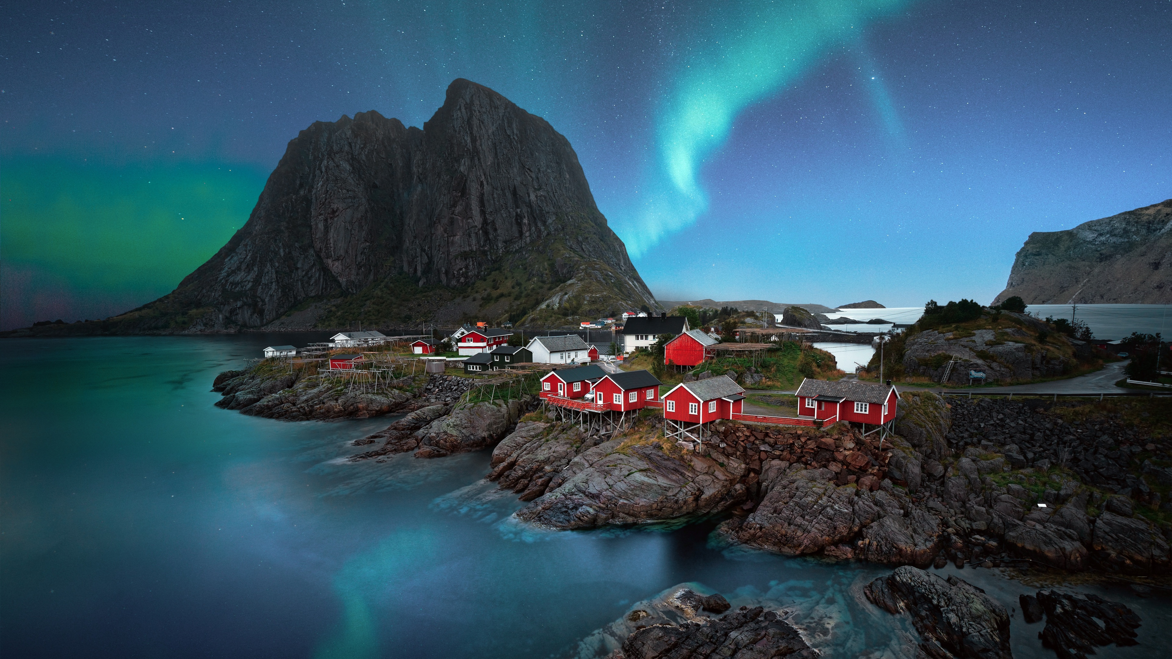 Lofoten islands Wallpaper 4K, Aurora Borealis, Landscape, Night