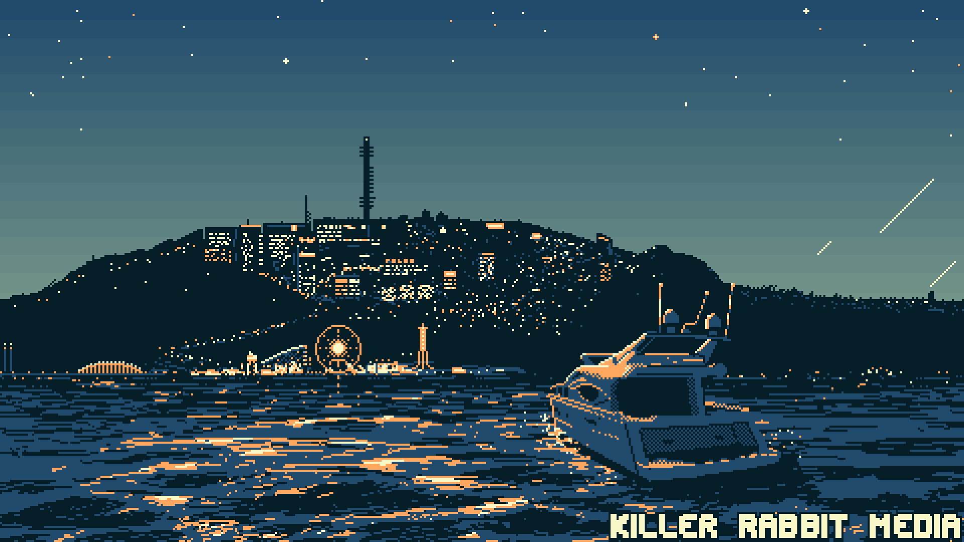 Moody pixel art bay city skyline
