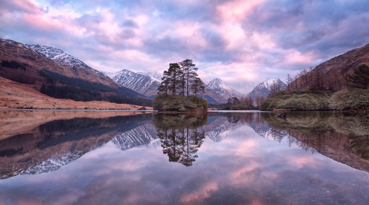 Scotland highlands Glen Etive mountains sunset lake trees landscape wallpaperx3431