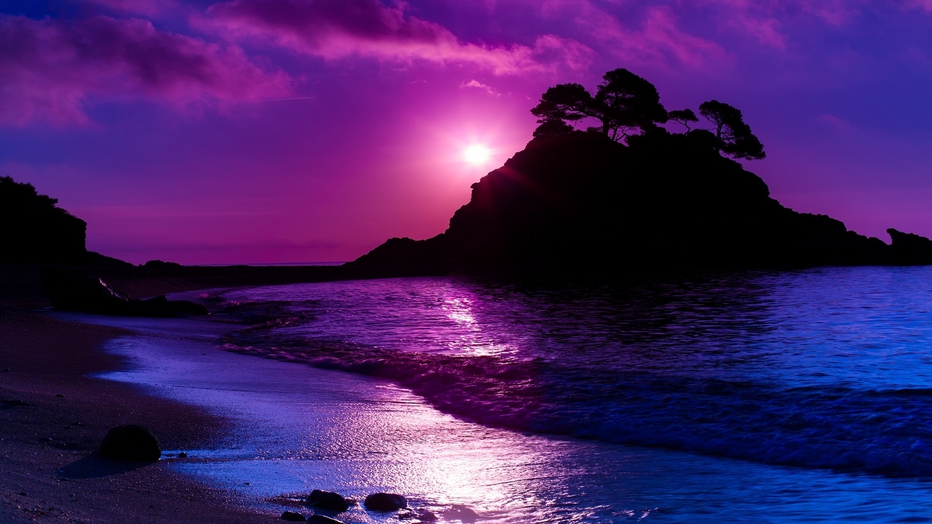 moon purple ocean beautiful waves sea HD wallpaper