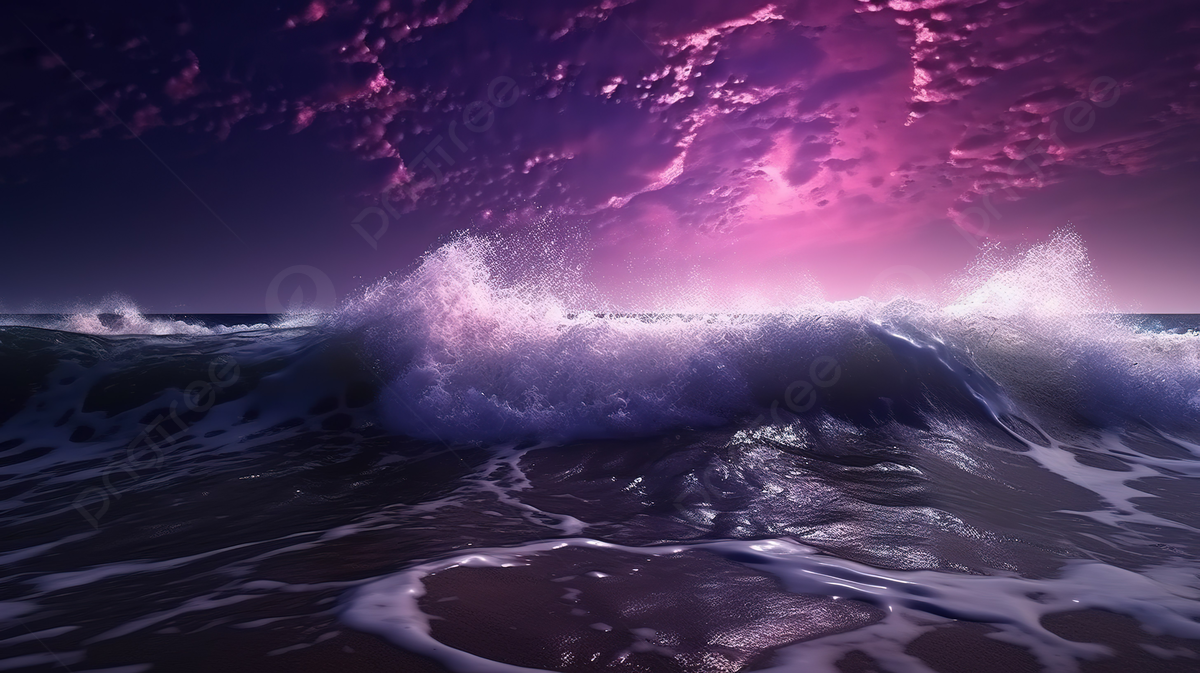 The Ocean Is Under A Dark Purple Sky With Waves Background, 3D Illustration Of Realistic Purple Cosmic Sky With Stars A Raging Sea With Foam And Huge Waves, HD Photography Photo Background