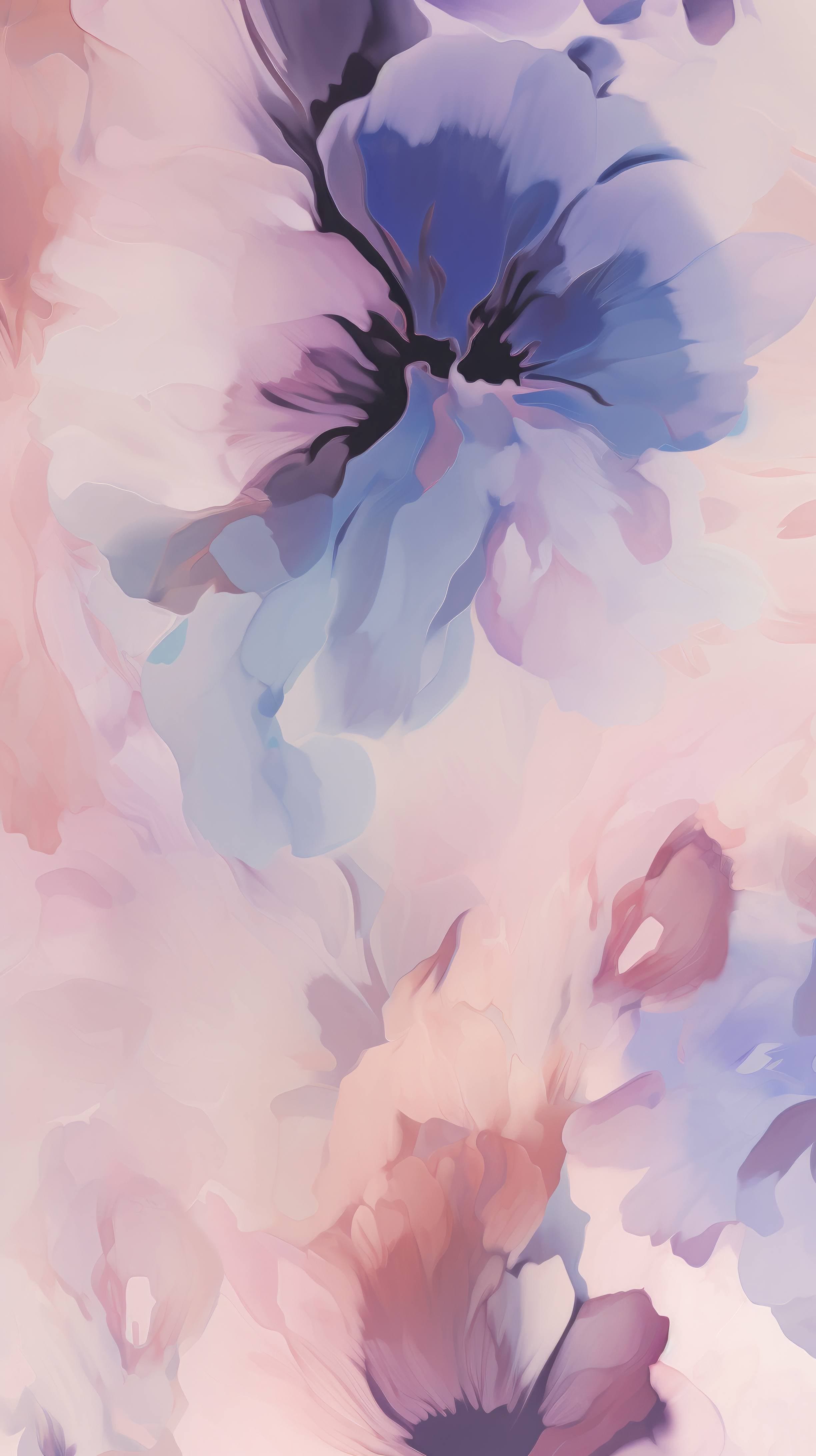 An abstract wallpaper of dreamy flowers in pastel shades of pink, blue, and purple