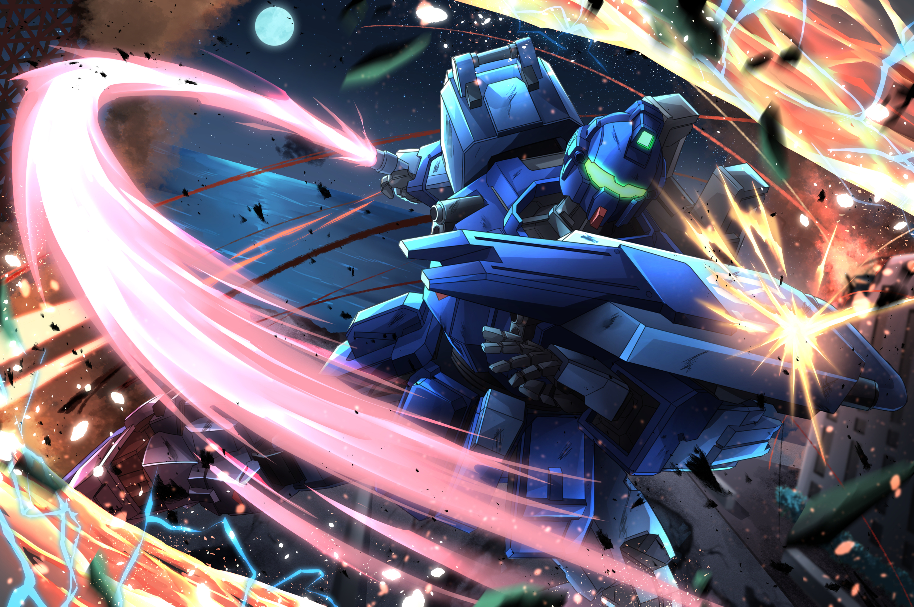 troy (oxaa01ex), blue destiny 01, gundam, gundam side story: the blue destiny, commentary, highres, arm shield, assault visor, attack, beam saber, charging forward, debris, dutch angle, electricity, energy sword, full moon, holding