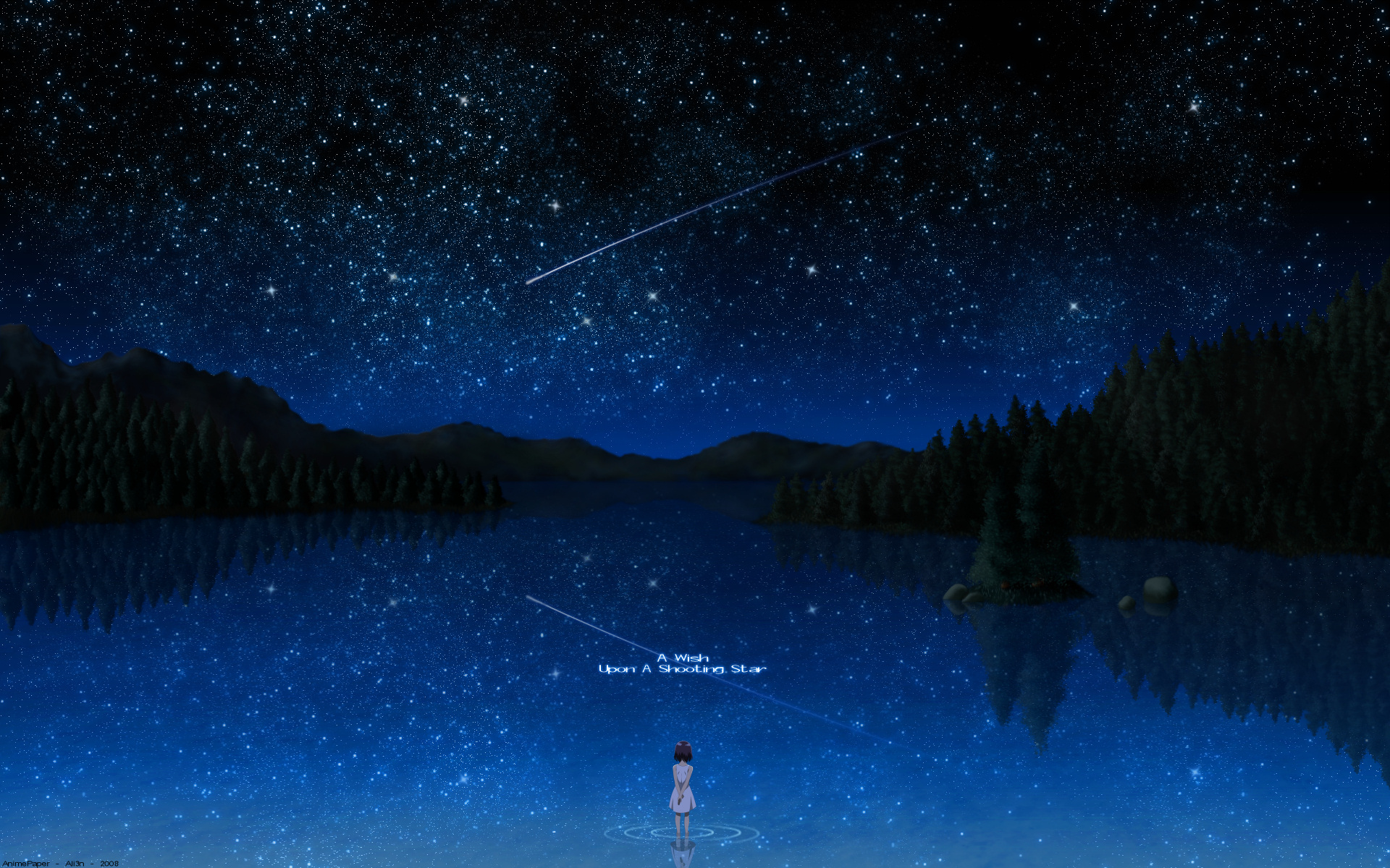 darker than black night pai scenic signed sky stars tree water. konachan.net.com Anime Wallpaper