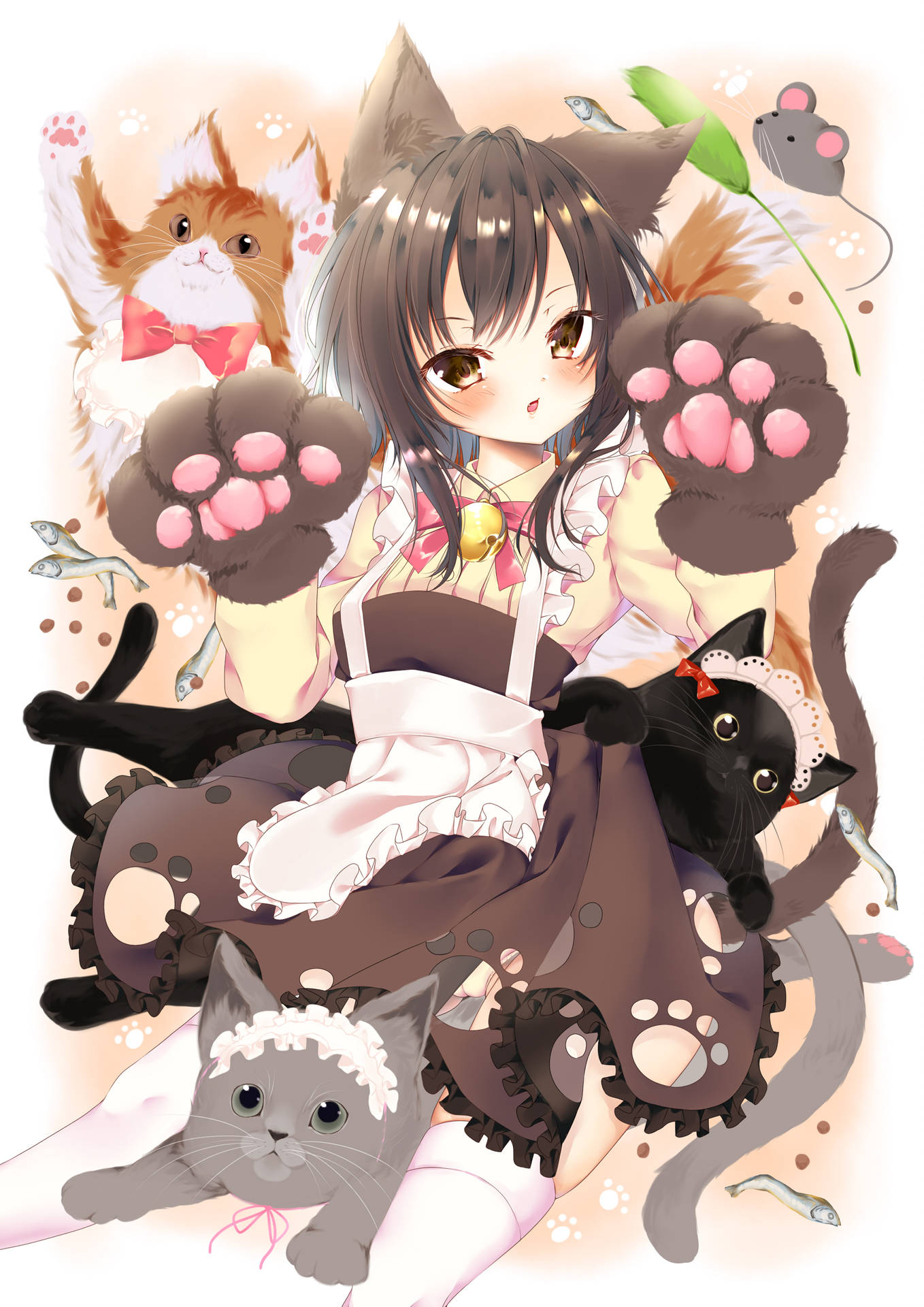 Download Cute Anime Girl With Cats Wallpaper