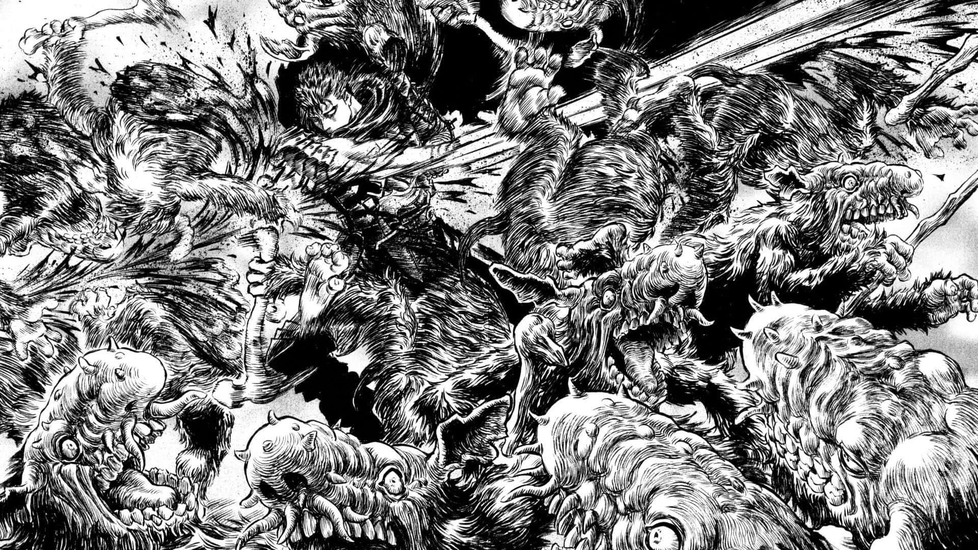 Download A Black And White Drawing Of A Group Of Zombies Wallpaper