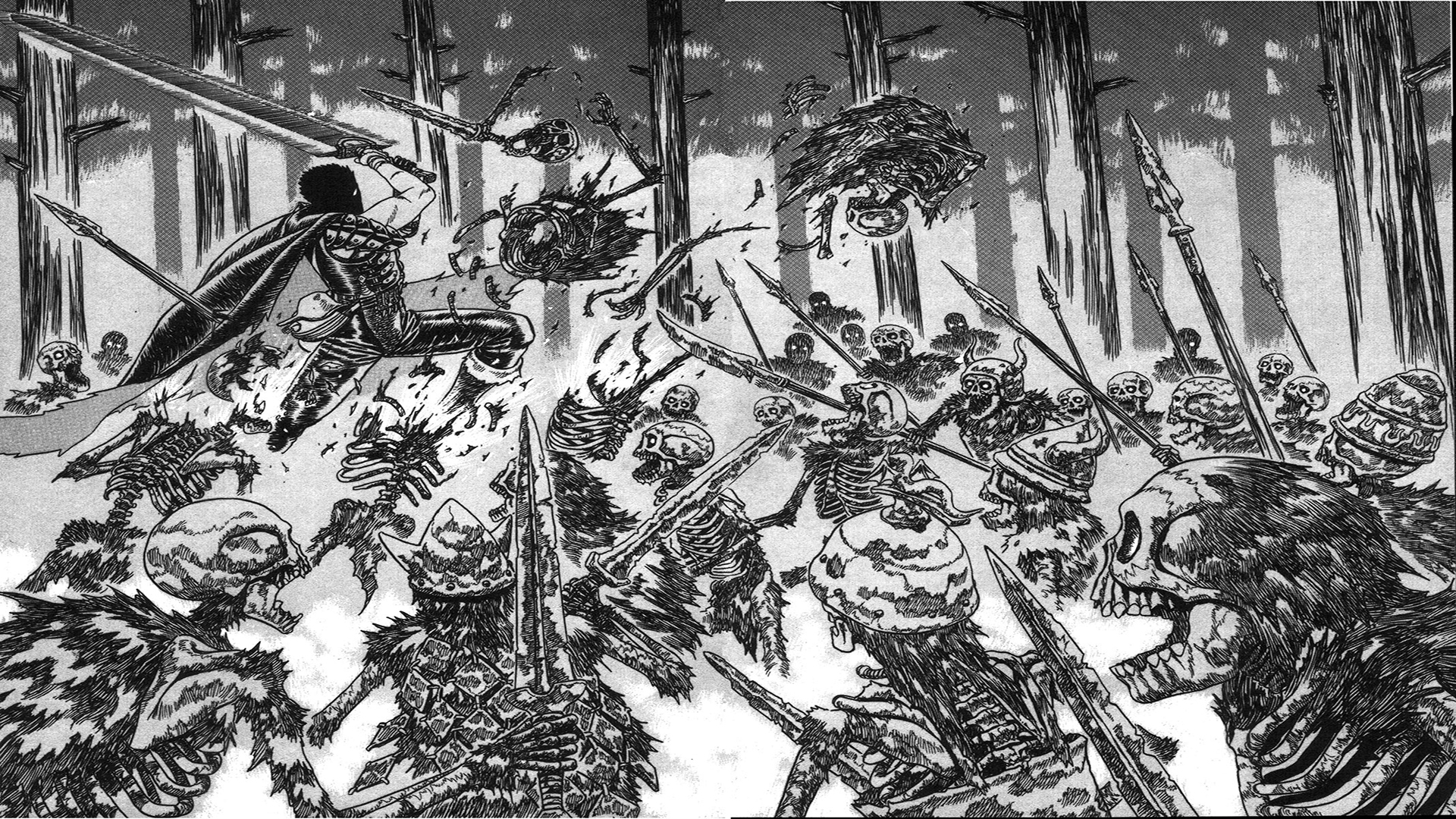 Wallpaper, Berserk, Guts, anime men, manga, monochrome, armor, sword, skeleton, trees, lance, weapon, helmet, arrows 1920x1080