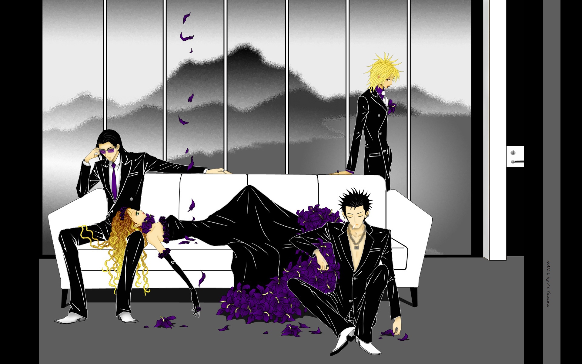 Manual resize of wallpaper group, window, costume, tie, gloves, guys, black dress, curls, in the room, lying on the sofa, nana, reira serizawa, ren honjo, Takumi ichinose, trapnes, NAN