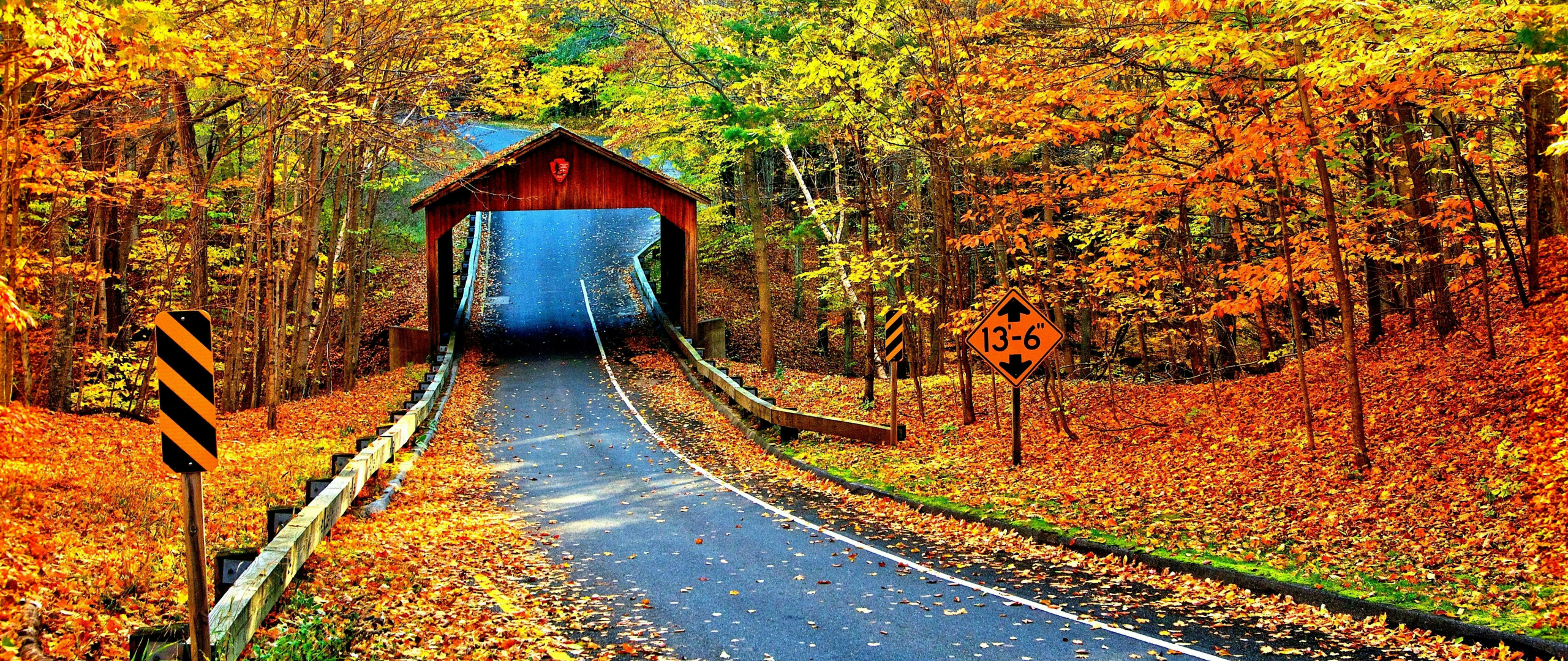 Download wallpaper 2560x1080 highway, cambron covered bridge, autumn, nature, dual wide 2560x1080 HD background, 28613