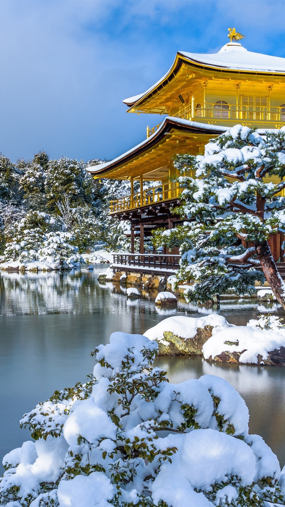 Kinkaku JI, Japan, Lake, Trees, Snow