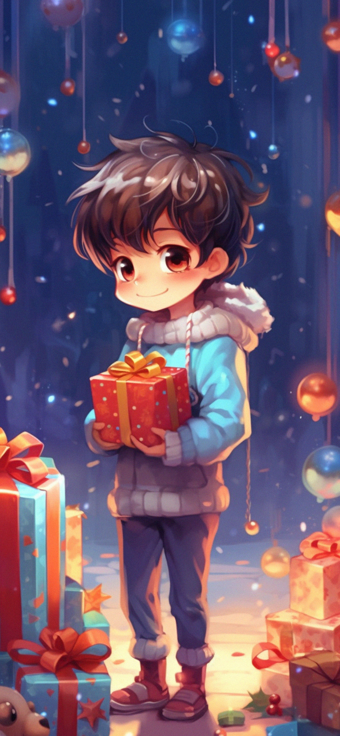 Boy with Present Christmas Wallpaper Holiday Wallpaper