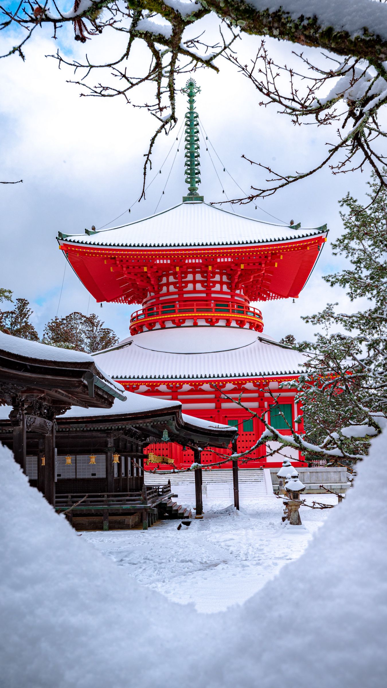 Download wallpaper 1350x2400 pagoda, building, architecture, red, snow, winter iphone 8+/7+/6s+/for parallax HD background