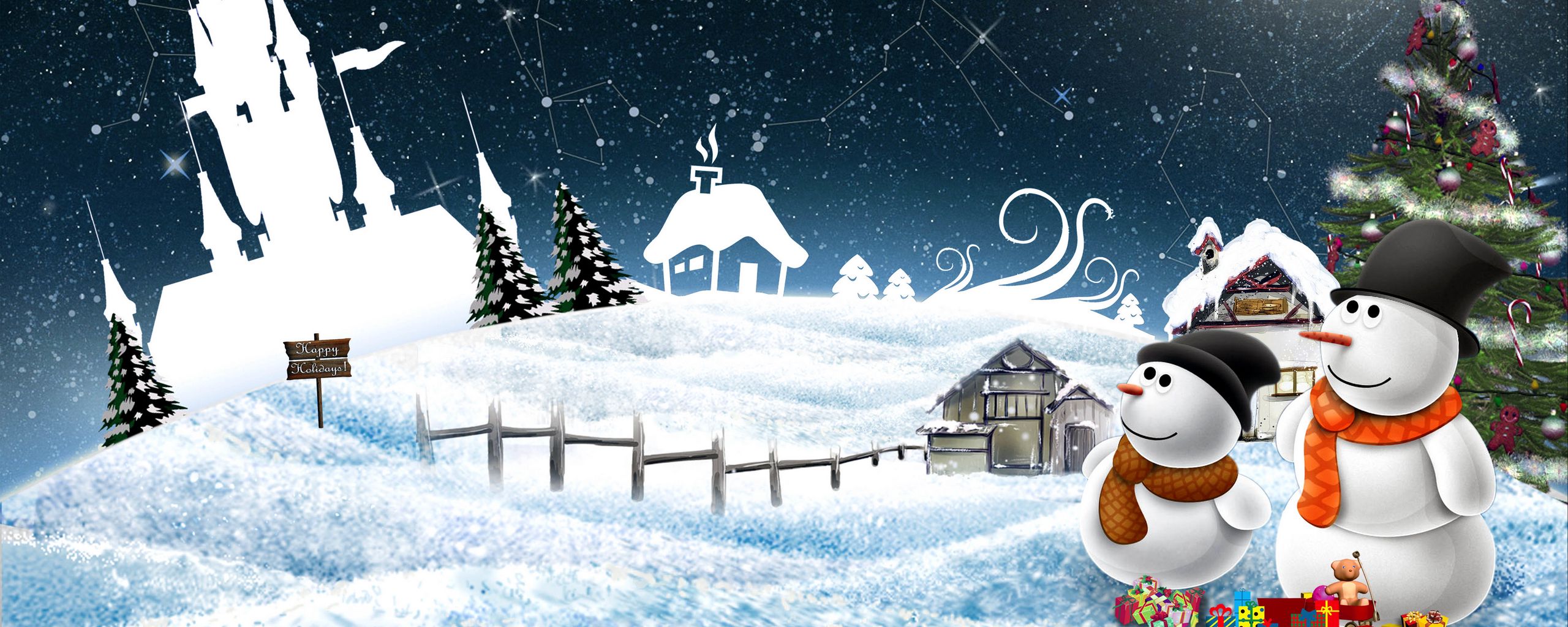 Download wallpaper 2560x1024 new year, snowmen, night, greeting, holiday, christmas ultrawide monitor HD background
