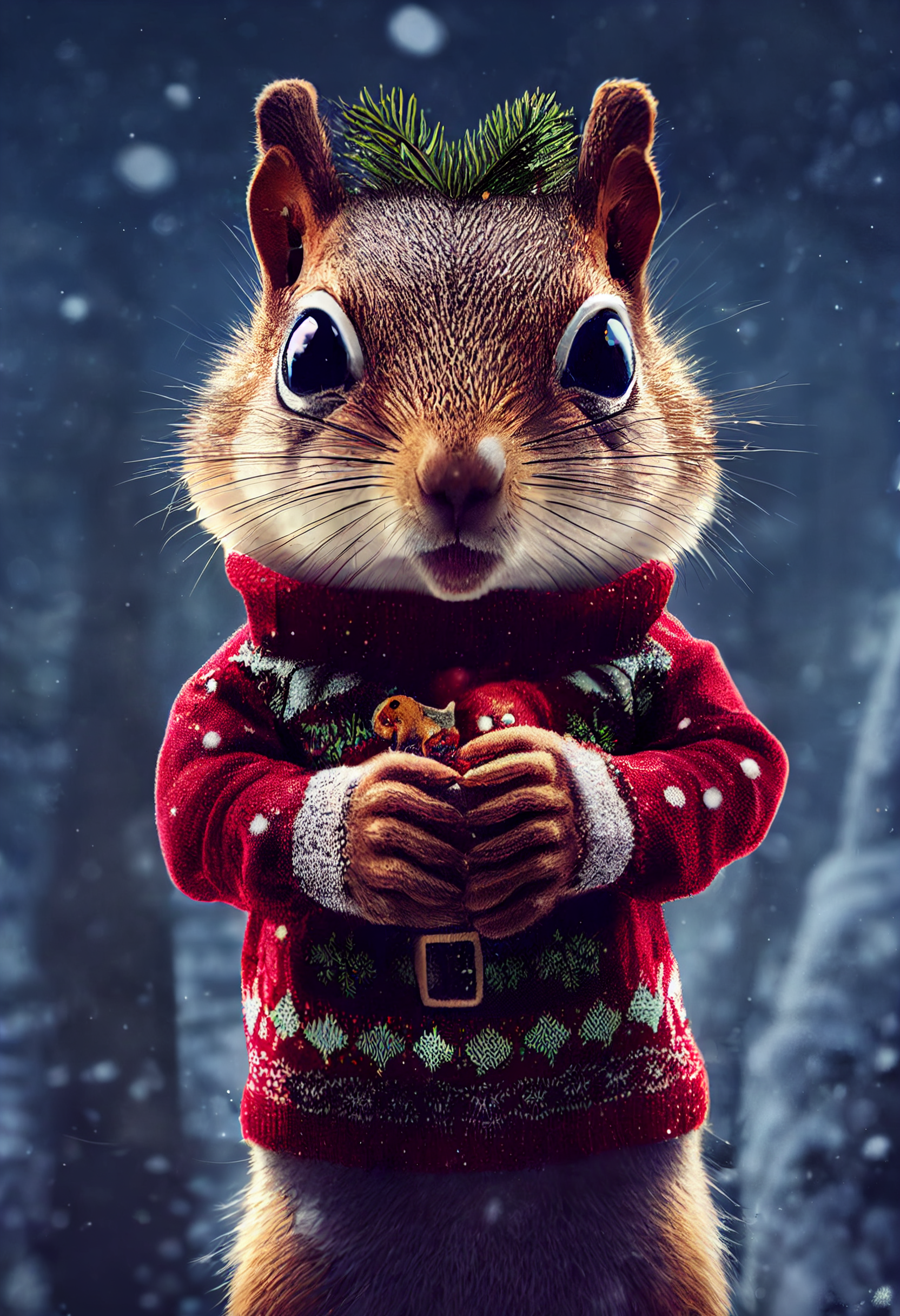 prompthunt: a cute squirrel wearing christmas sweater, snow forest background, 4K, complex detail, art nouveau, 4k epic detailed 4k epic cinematic hbo dark moody 8k