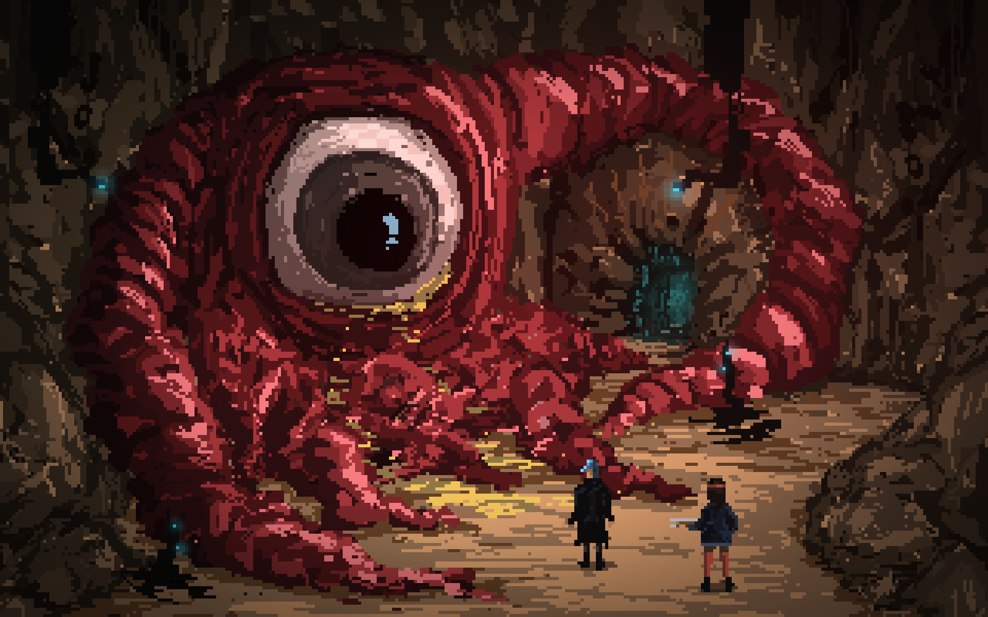 Wallpaper, digital art, pixel art, pixels, pixelated, creature, retro games, cave, video games, eyes, tentacles 1920x1200