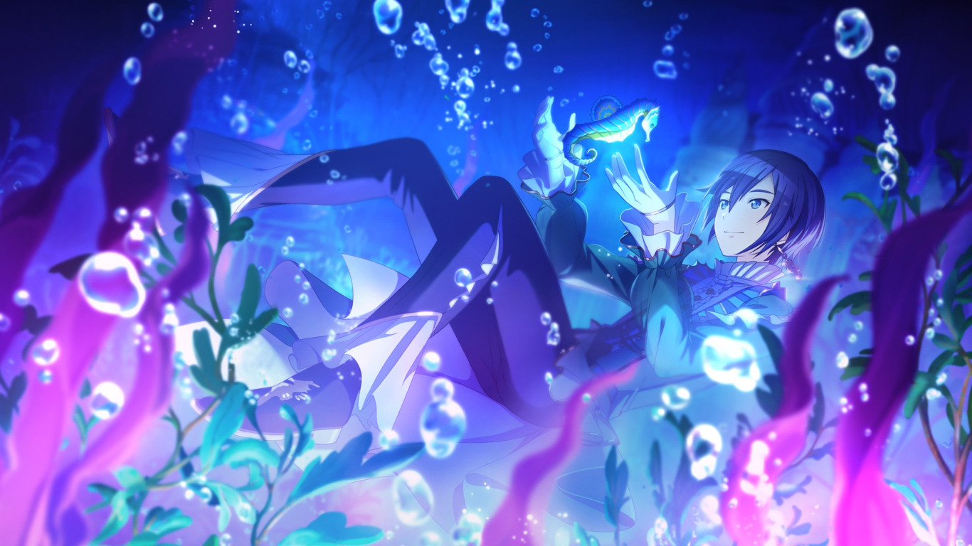 Download wallpaper seahorse, guy, Vocaloid, under water, Shion Kaito, Project Sekai Colorful Stage! feat. Hatsune Miku, section games in resolution 1366x768