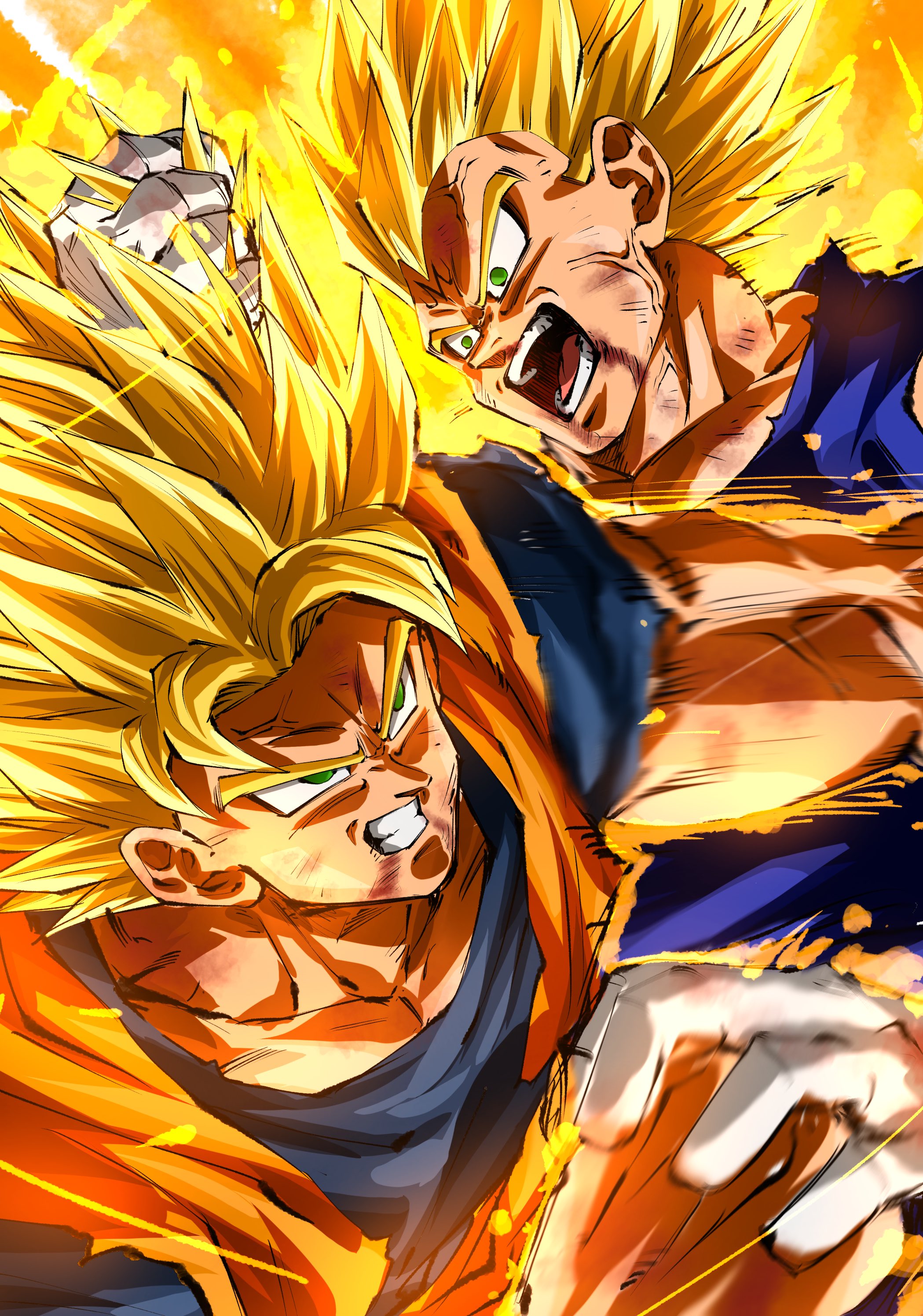 majin vegeta, son goku, vegeta, dragon ball, dragonball z, absurdres, highres, 2boys, anger vein, blocking, clenched teeth, dougi, gloves, grabbing another&;s hair, multiple boys, muscular, muscular male, open mouth, pectorals, rz28kp, super