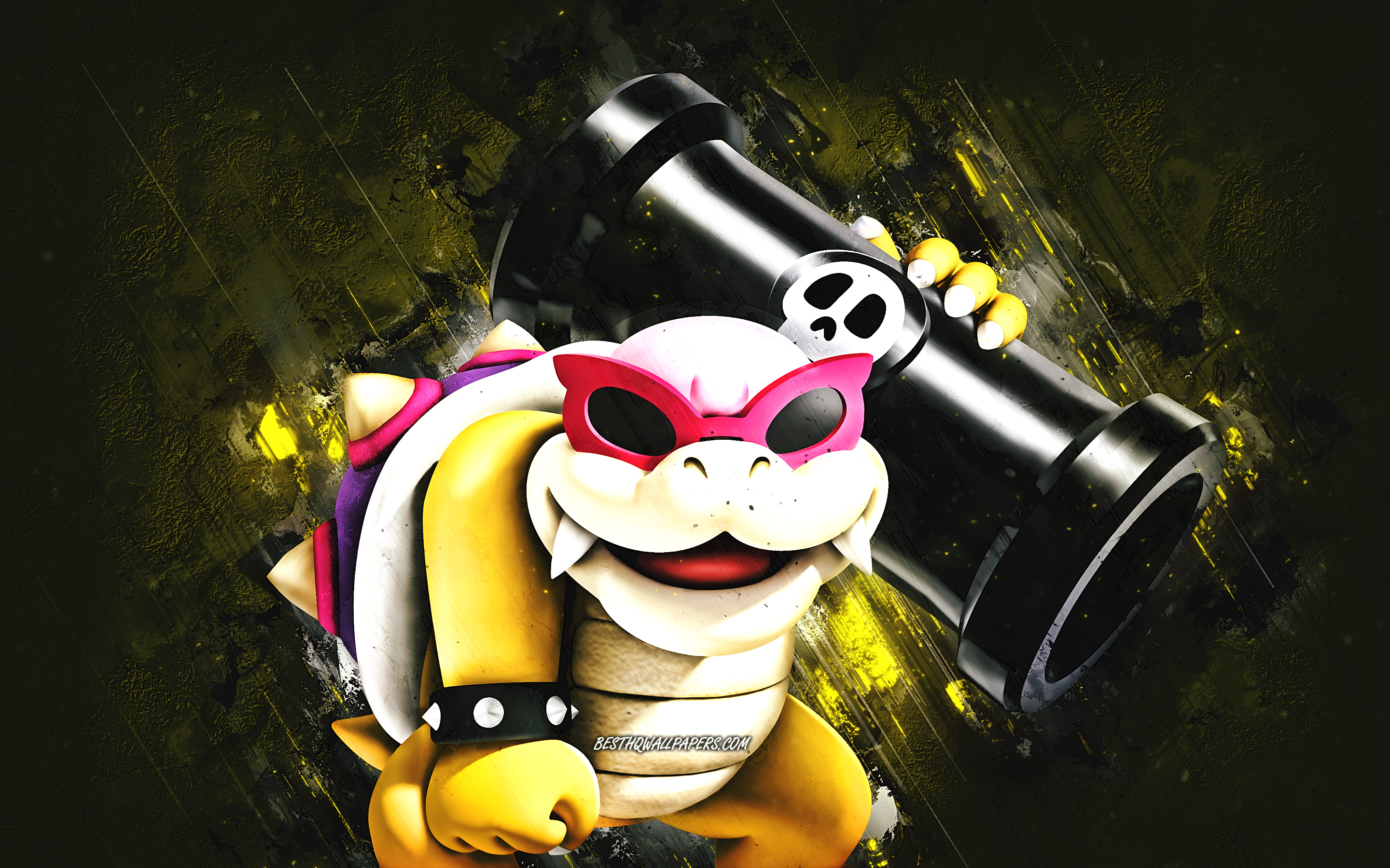 Download wallpaper Roy Koopa, Super Mario, Mario Party Star Rush, characters, yellow stone background, Super Mario main characters, Roy Koopa Super Mario for desktop with resolution 2880x1800. High Quality HD picture wallpaper