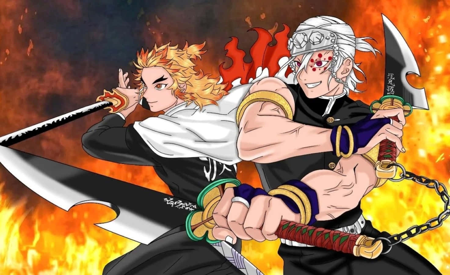 Download Rengoku and Tengen posing together in an epic illustration Wallpaper