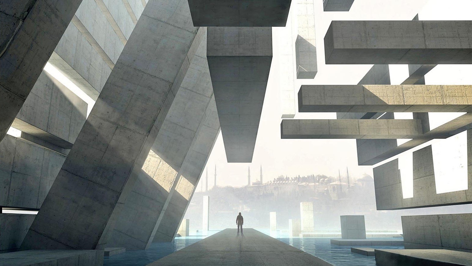 Wallpaper, building, sky, symmetry, skyscraper, Istanbul, concrete, structure, angle, daytime, facade, headquarters, 1600x900 px, Assassins Creed Revelations, daylighting, brutalist architecture 1600x900 Wallpaper