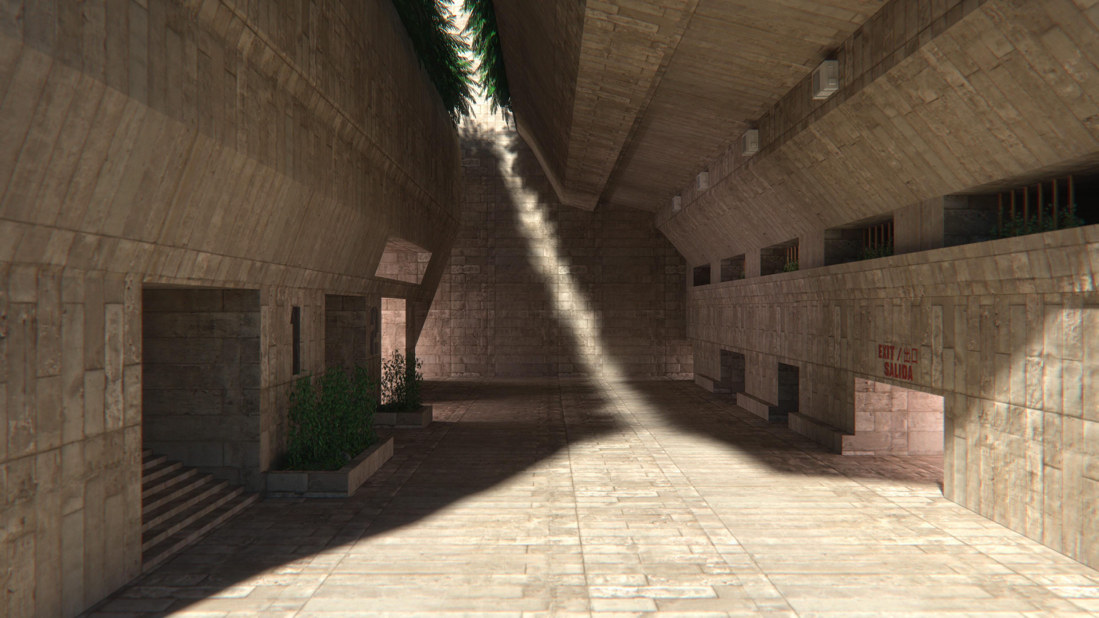 Wallpaper, stone, brutalism, architecture, palm trees, building, shadow, cyberpunk, futuristic, apartments, stairs, dystopian, isolation, empty 3840x2160