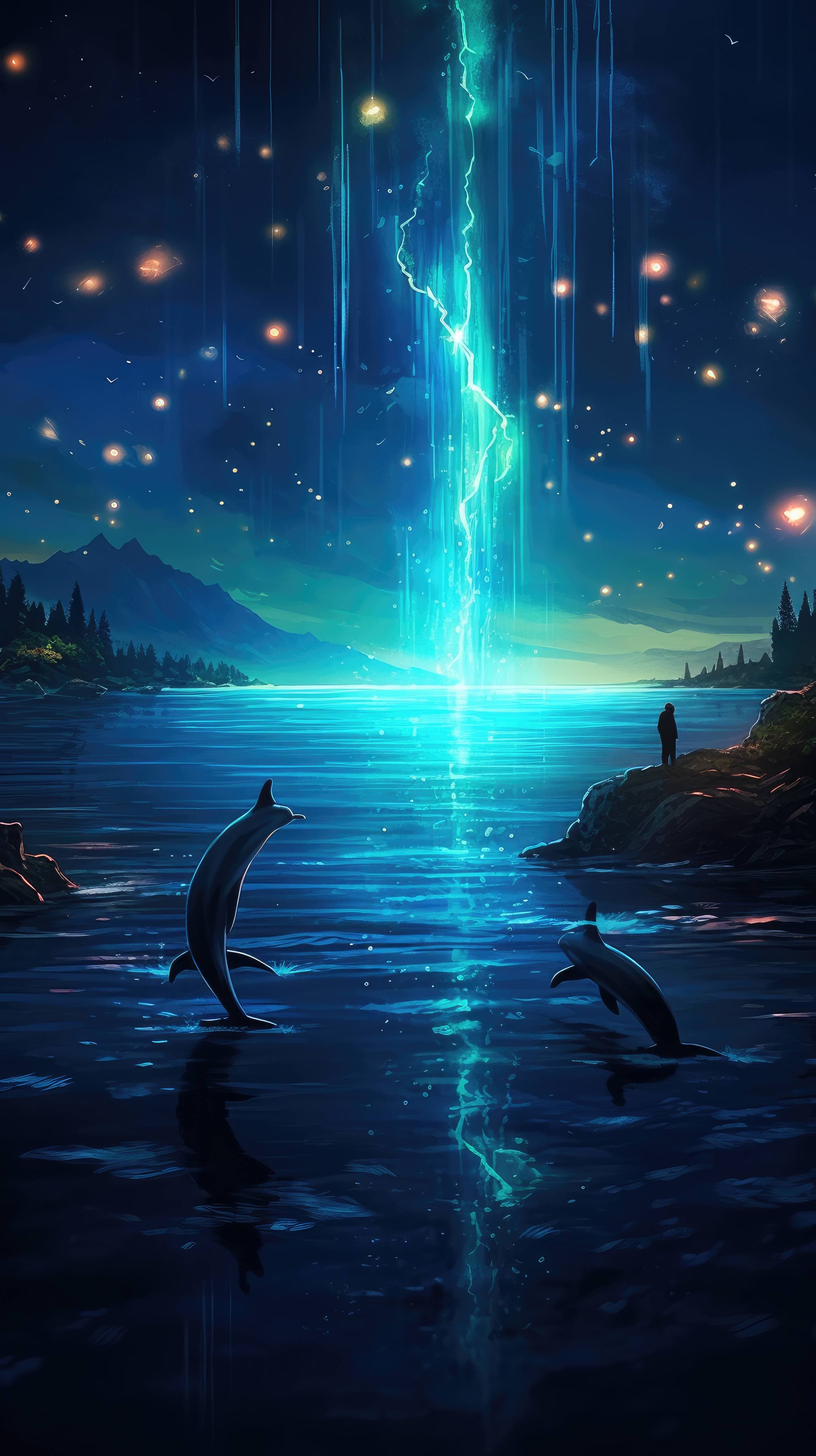 A 4K ultra HD mobile wallpaper featuring a group of social and intelligent Dolphins, gracefully swimming in unison, leaving a trail of sparkling bioluminescent glow in their wake