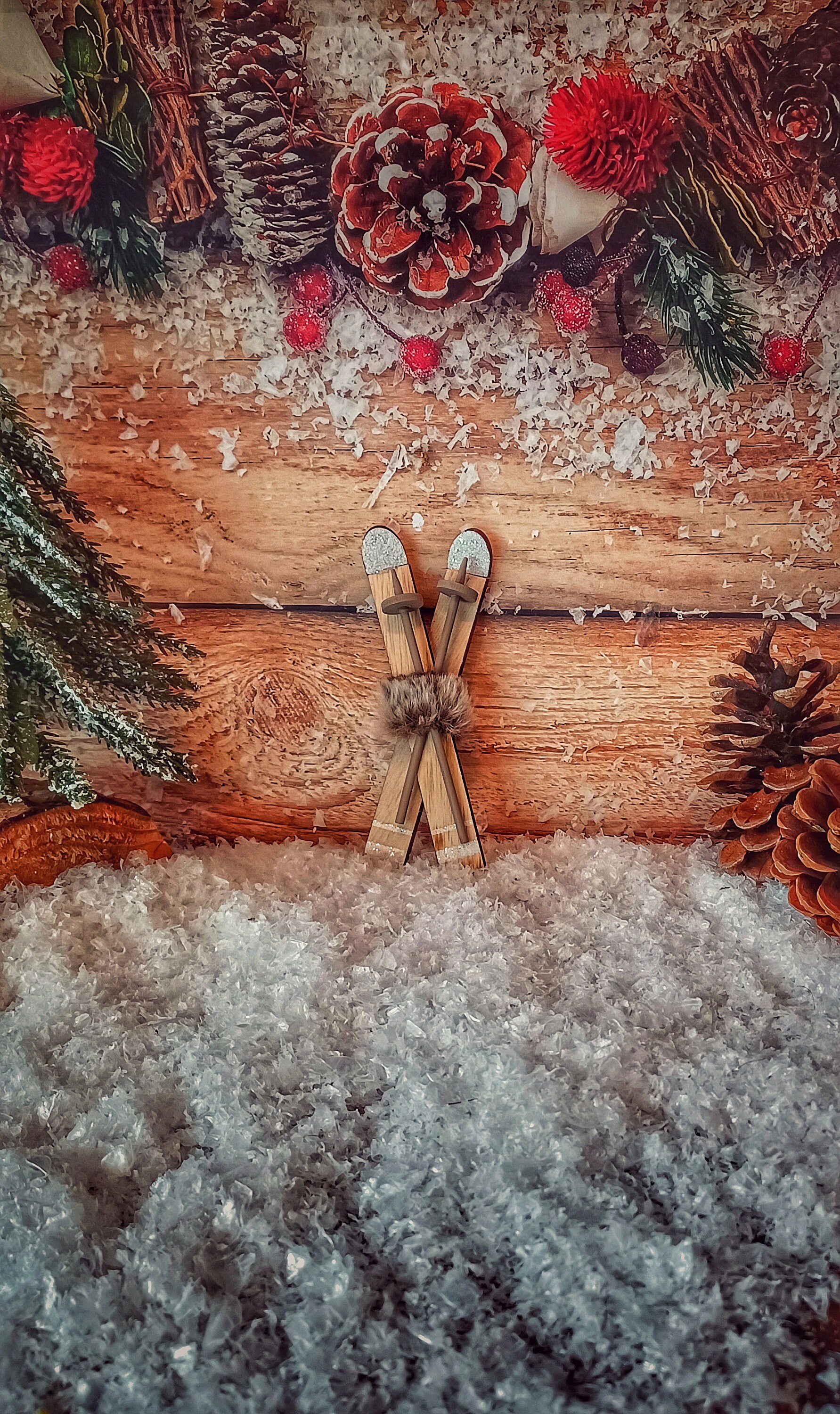 Miniature Skis Made of Wood With Cuddly Fur and Glittering