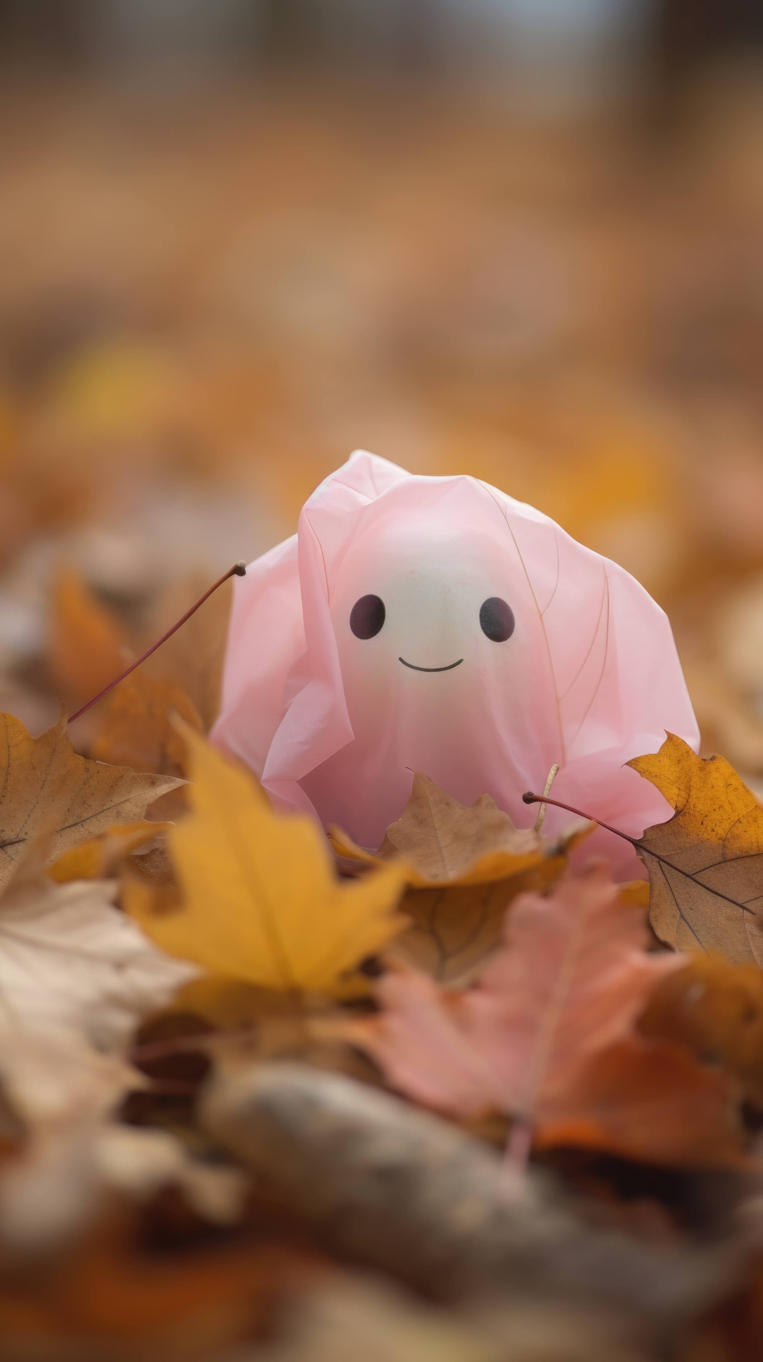 An Itsy Bitsy Ghost With Rosy Cheeks Emerges From A Pastel Pink Sheet, Floating Gently Above Autumn Leaves In Rainbow Hues