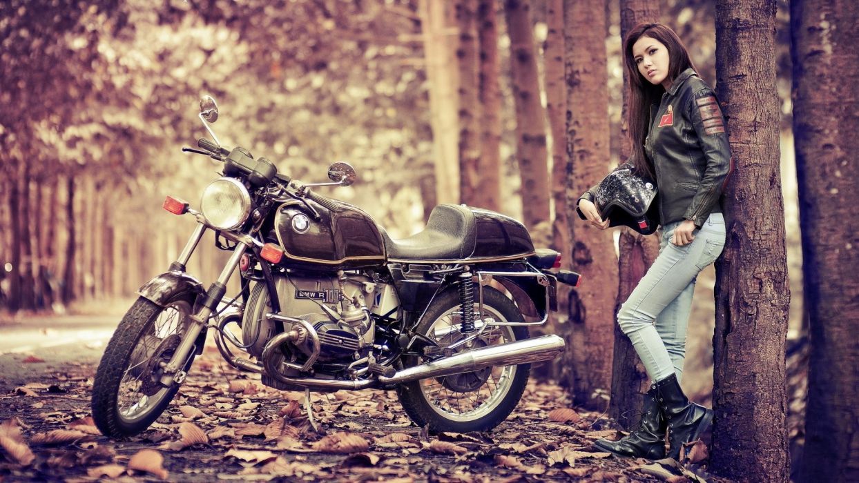 Vehicles motorcycles bikes roads autumn fall leaves women females girls models brunttes wallpaperx1080