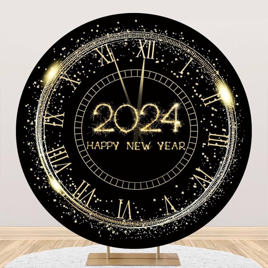 Amazon.com, 2024 Happy New Year Round Backdrop Cover 6.5ft Gold Black Clock Countdown Photography Background New Years Eve Party Family Celebration Banner Decor Portraits Photohoot Wallpaper Photo Booth Props