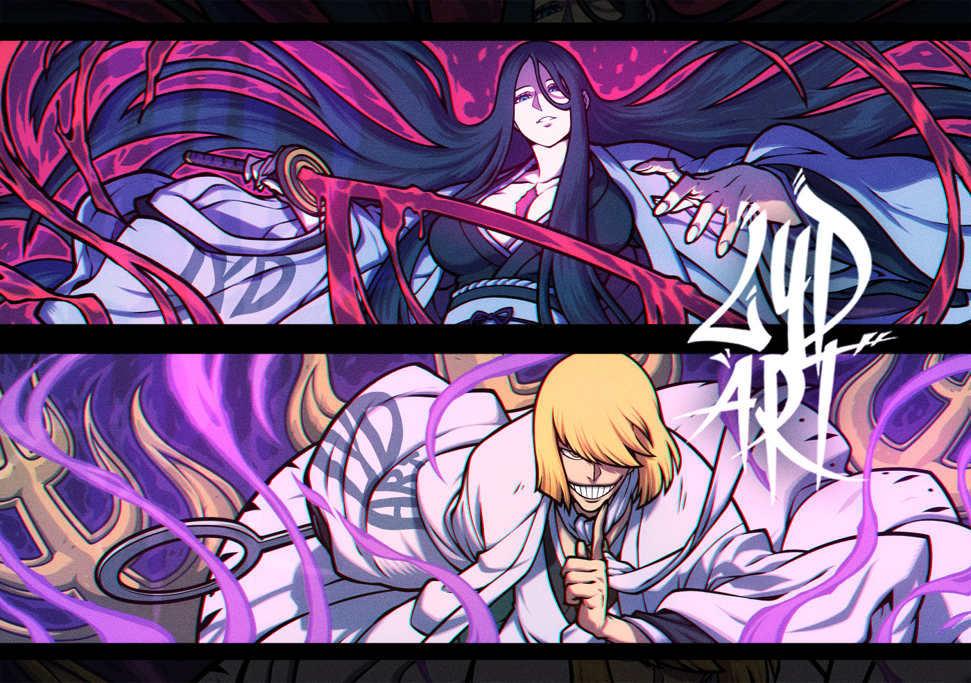 Wallpaper, Bleach, Hirako Shinji, Unohana Retsu, bankai, MCLO, mclloyd lydart, LYDart Mclo, anime boys, anime girls, uniform, sword, long hair, smiling, looking at viewer 1400x985
