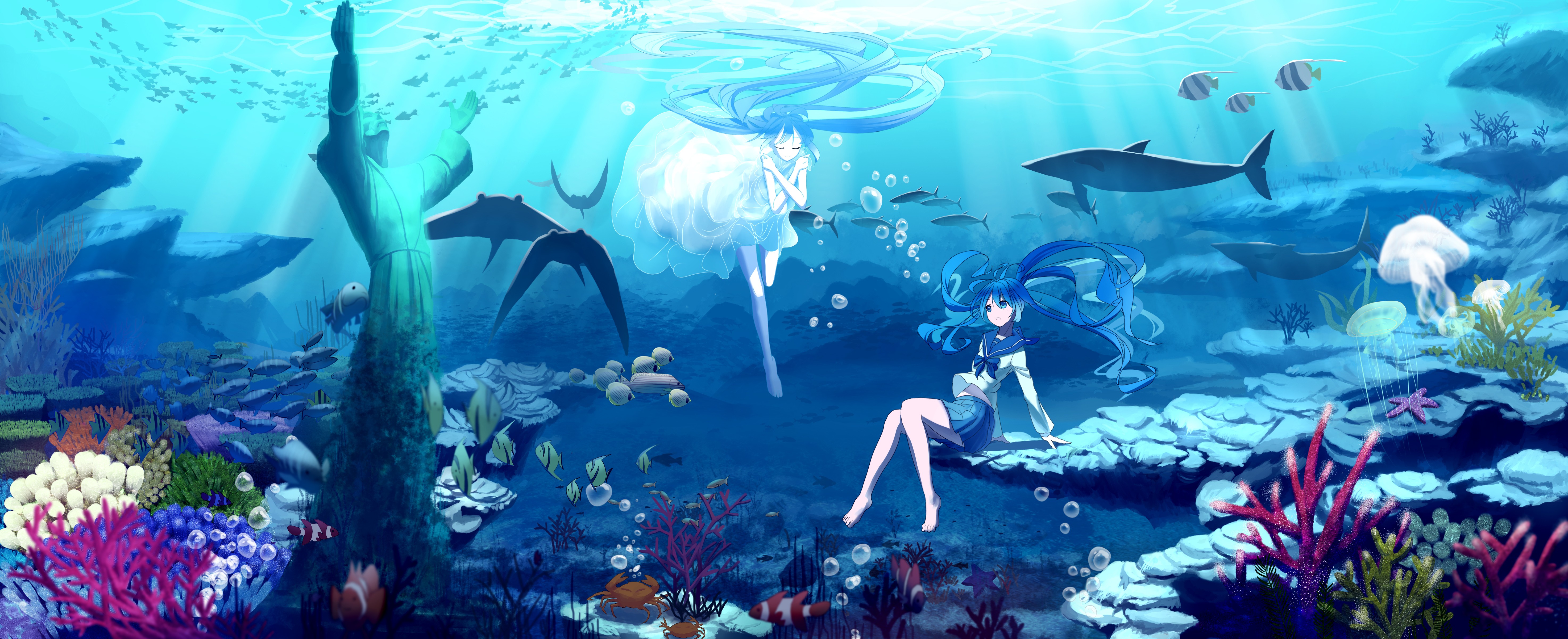 anime girls, fish, white dress, long hair, Hatsune Miku, anime (5894x2404px) on Wallls.com