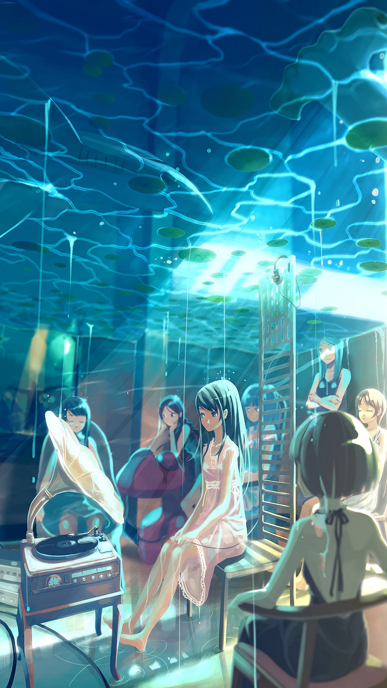 Download wallpaper 1350x2400 girls, party, music, underwater, anime iphone 8+/7+/6s+/for parallax HD background