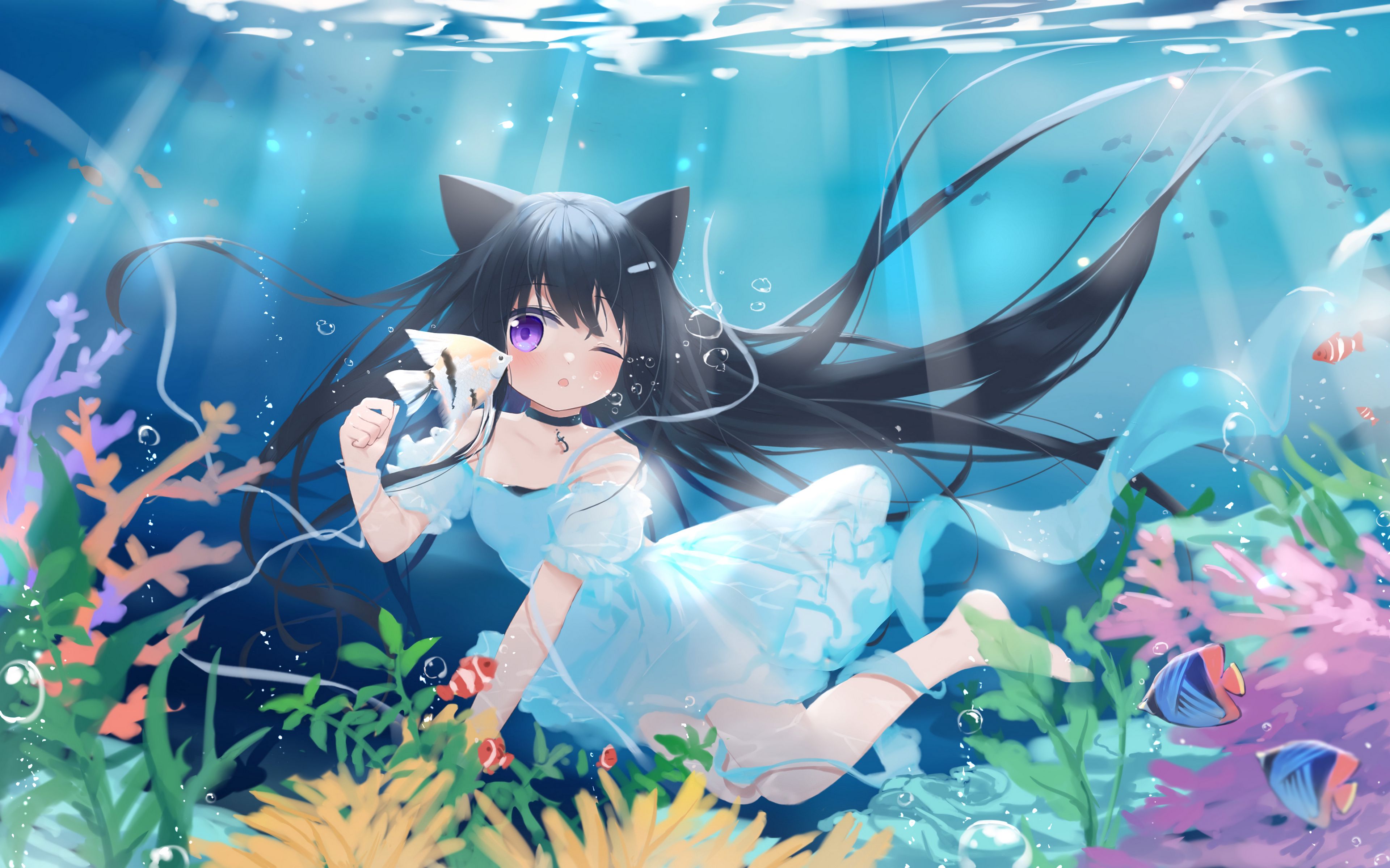 Download wallpaper 3840x2400 girl, neko, underwater world, fish, sea, anime 4k ultra HD 16:10 HD background