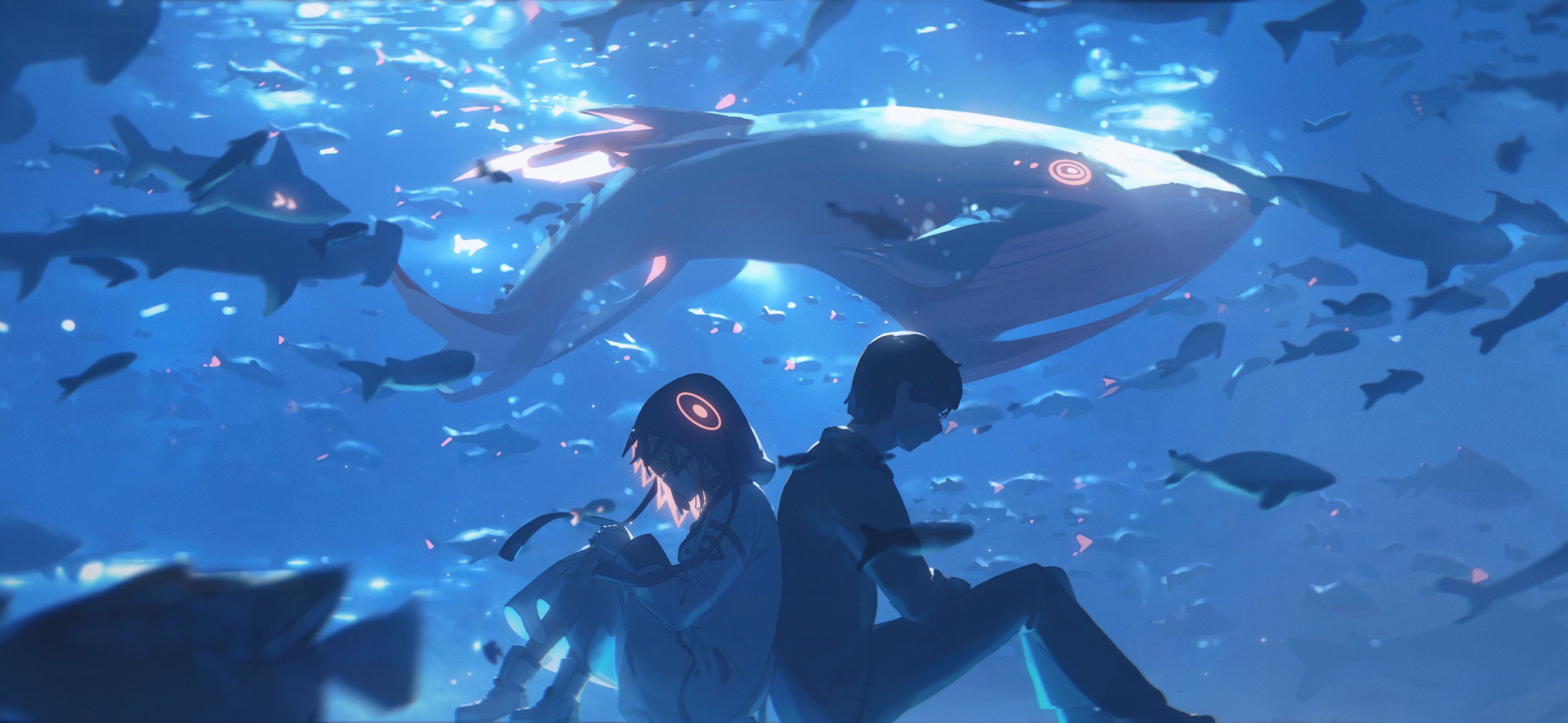 Wallpaper, underwater, whale, anime boys, anime girls, water, animals, back to back 4096x1887