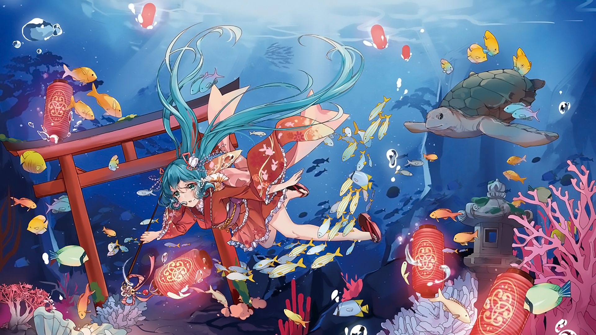 Desktop Wallpaper Underwater, Hatsune Miku, Anime Girl, Turtle, HD Image, Picture, Background, F4e470