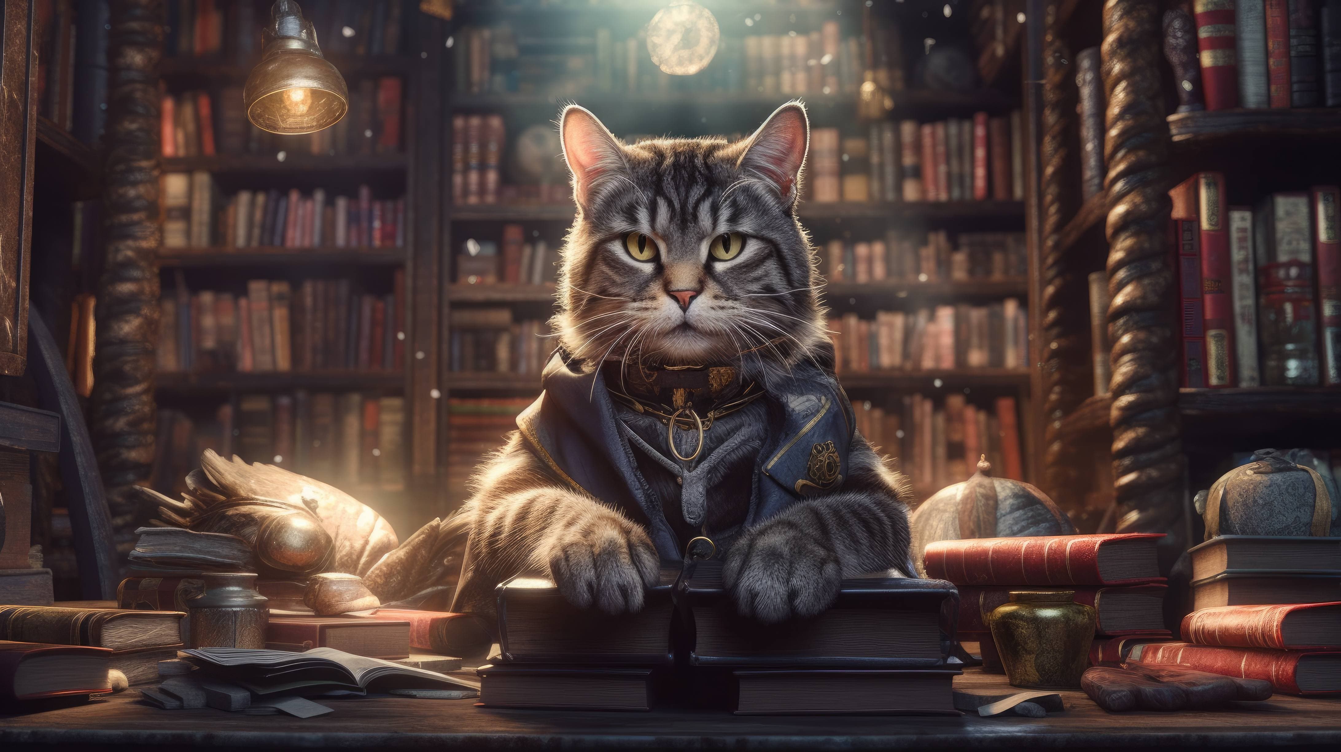 A 4K ultra HD wallpaper of a cat dressed in a librarian's outfit, surrounded by shelves of books and holding a book cart, embodying knowledge and dedication as a librarian