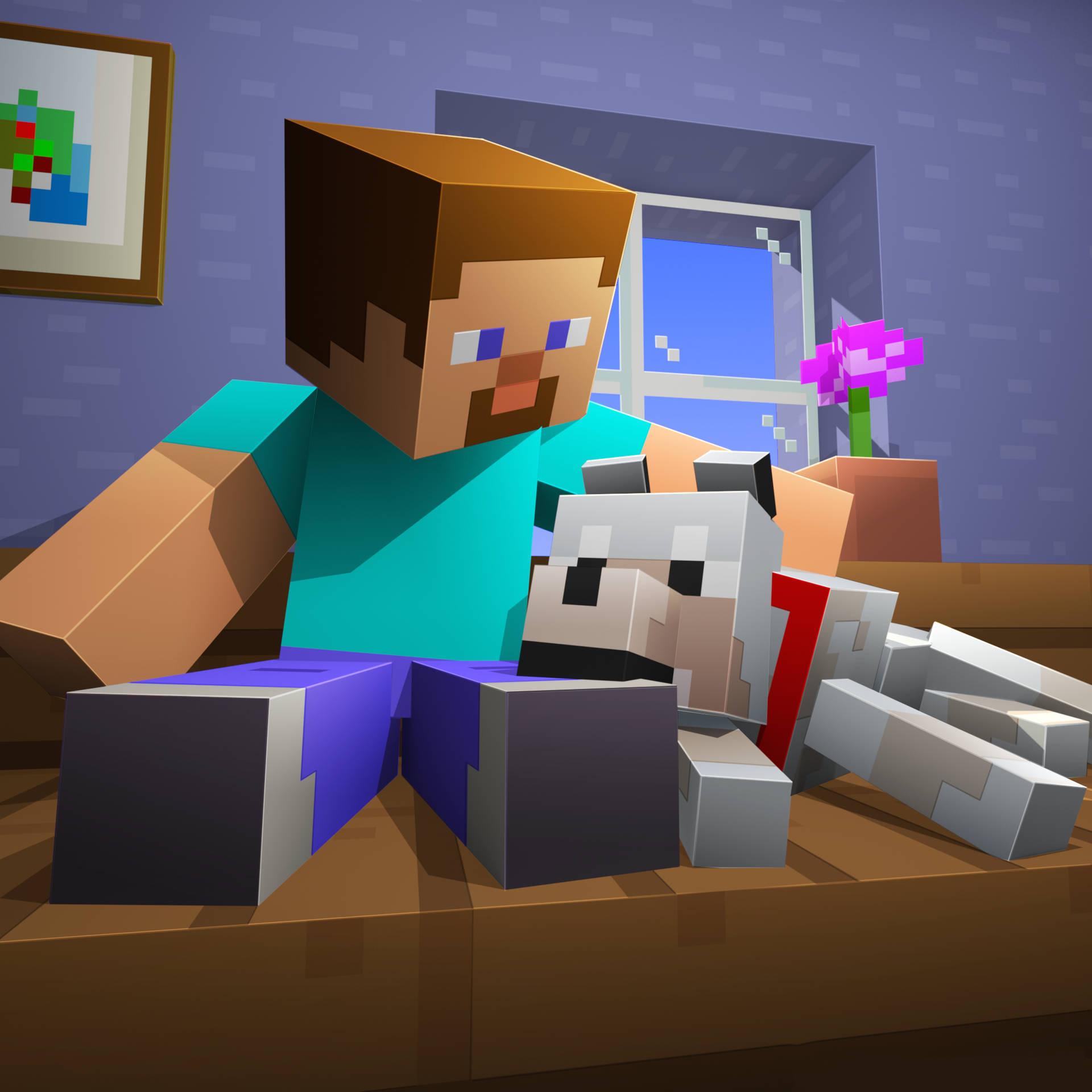 Download Minecraft Steve Tamed Wolf Wallpaper
