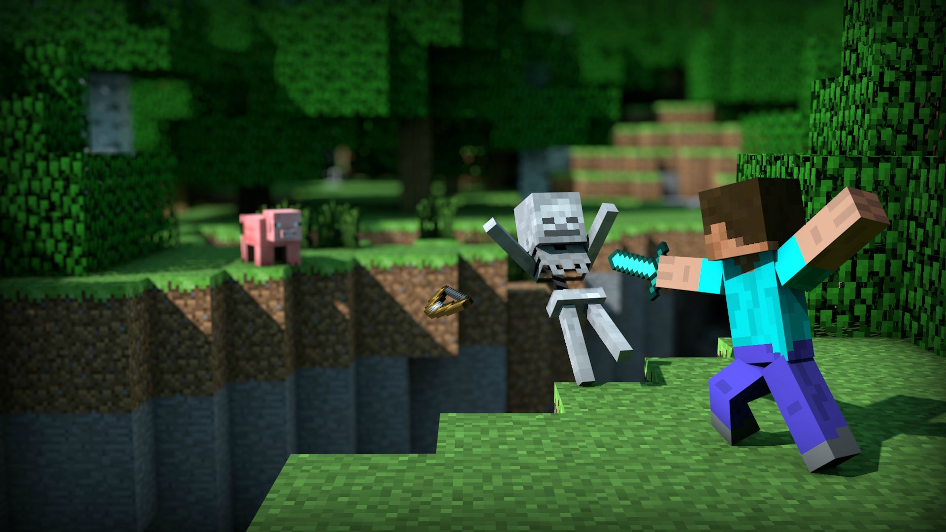 Steve pushing a skeleton into a ravine