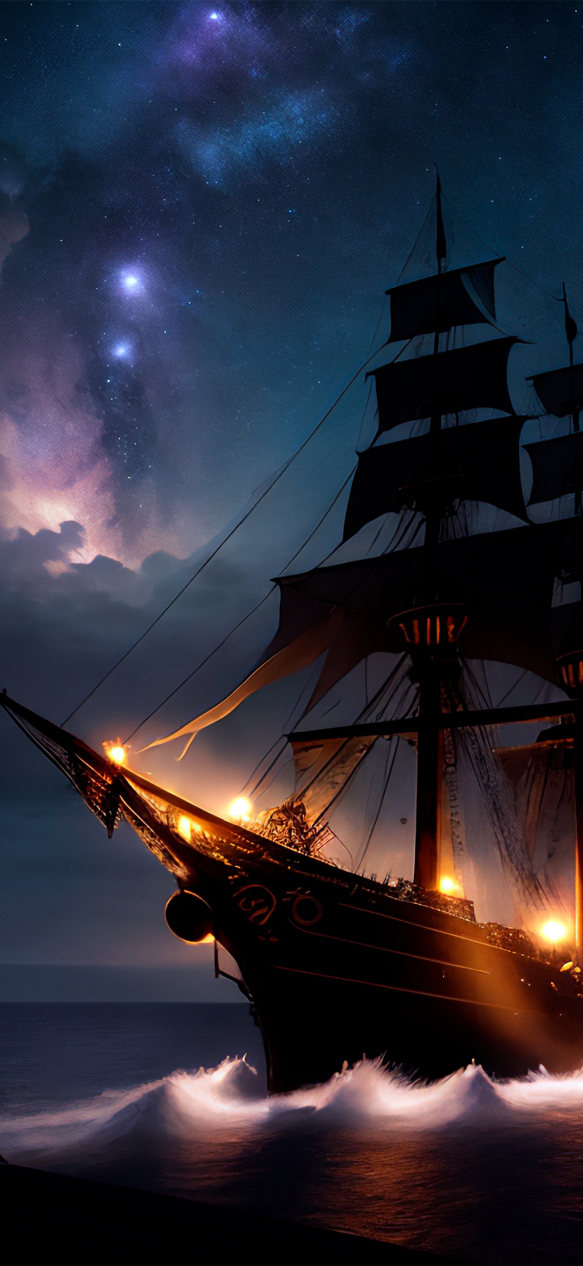 Ship Wallpaper 4K, Night, Storm, Clouds, Milky Way