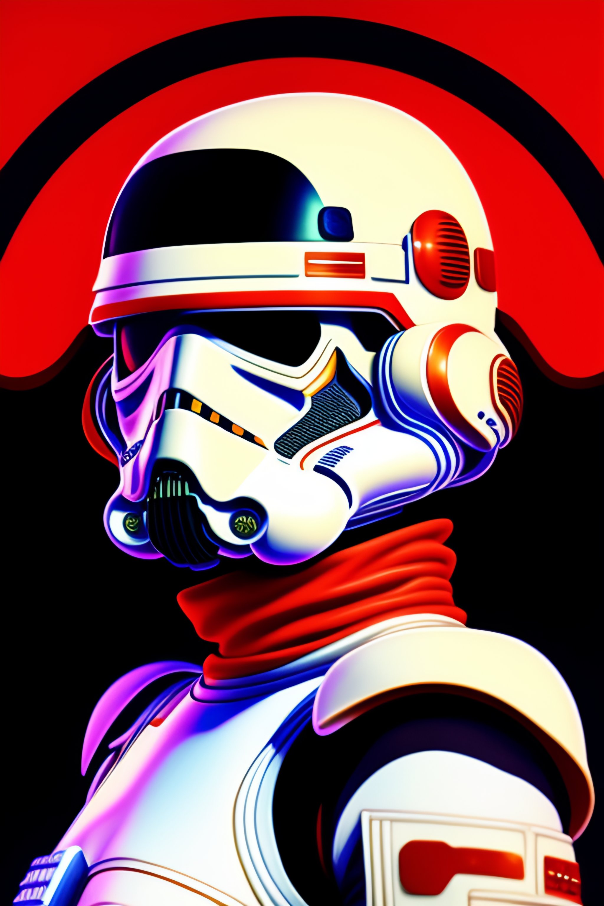 Portrait of stormtrooper in stylish haute couture outfit in the style of 90's vintage anime, surrealism, akira style. detailed line art. fin