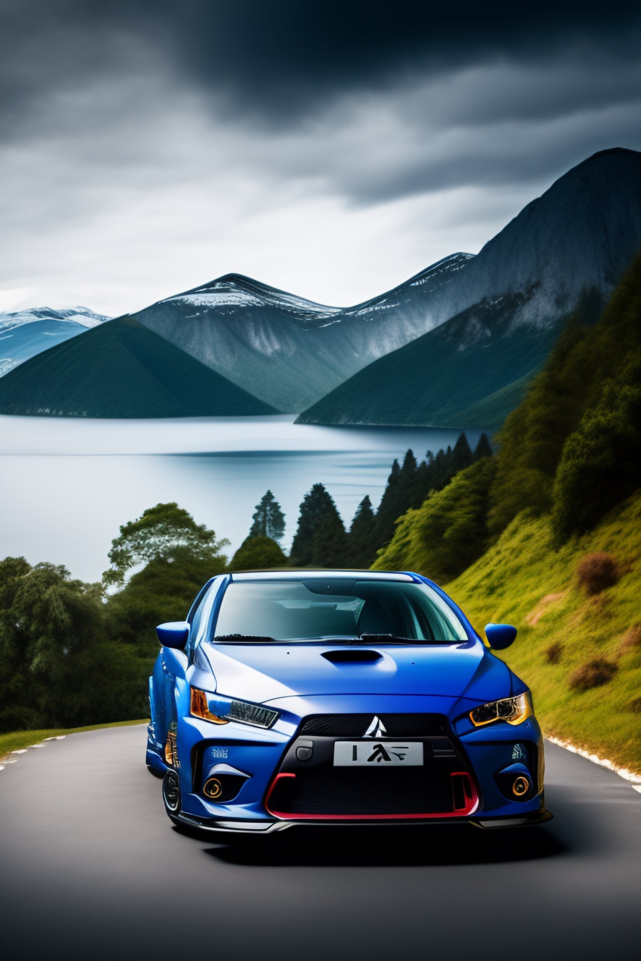 Wide angle photo of mitsubishi lancer evolution 10 dark blue color in detail, scenic panorama near lake background, surreal