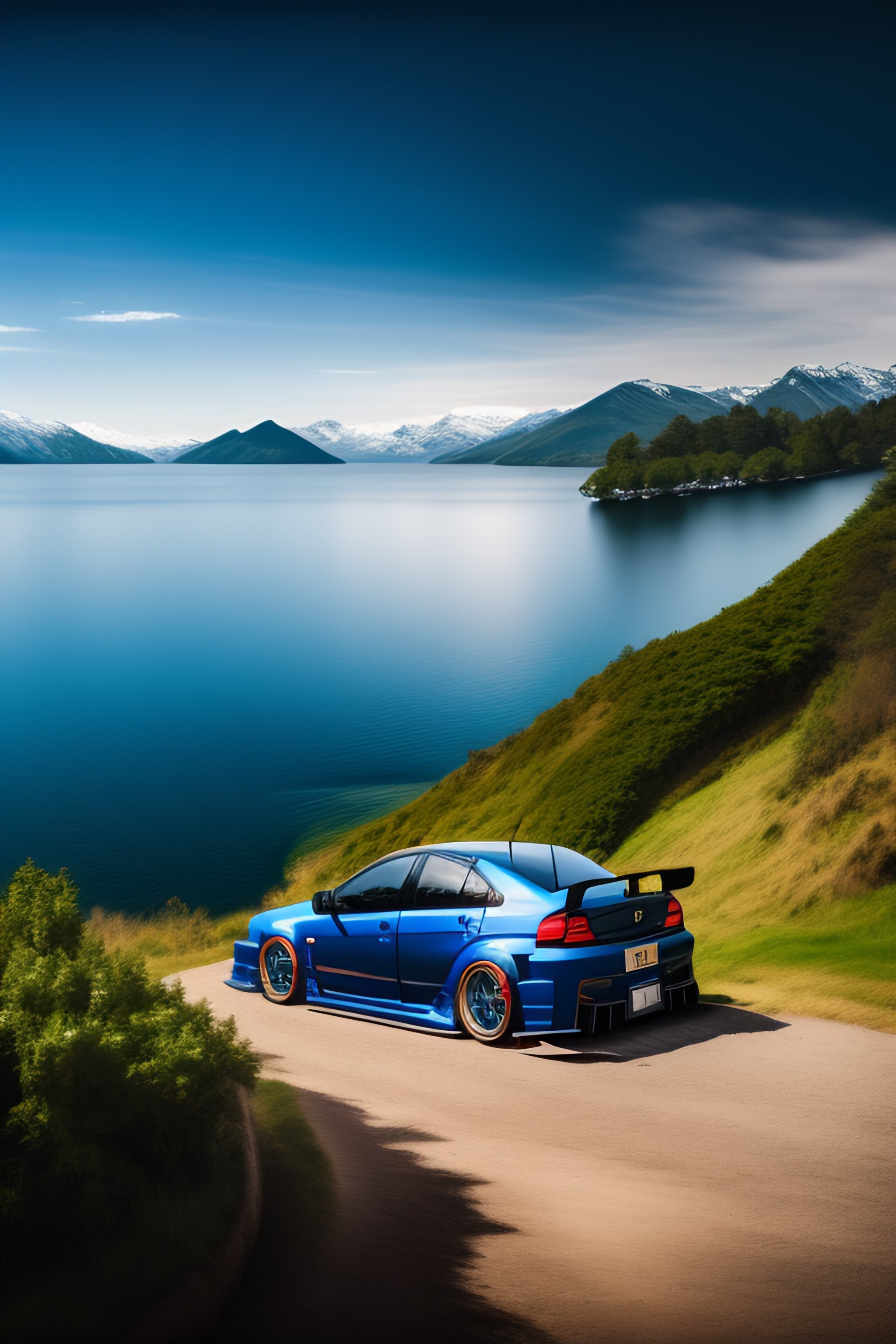 Wide angle photo of mitsubishi lancer evolution 10 dark blue color in detail, scenic panorama near lake background, surreal