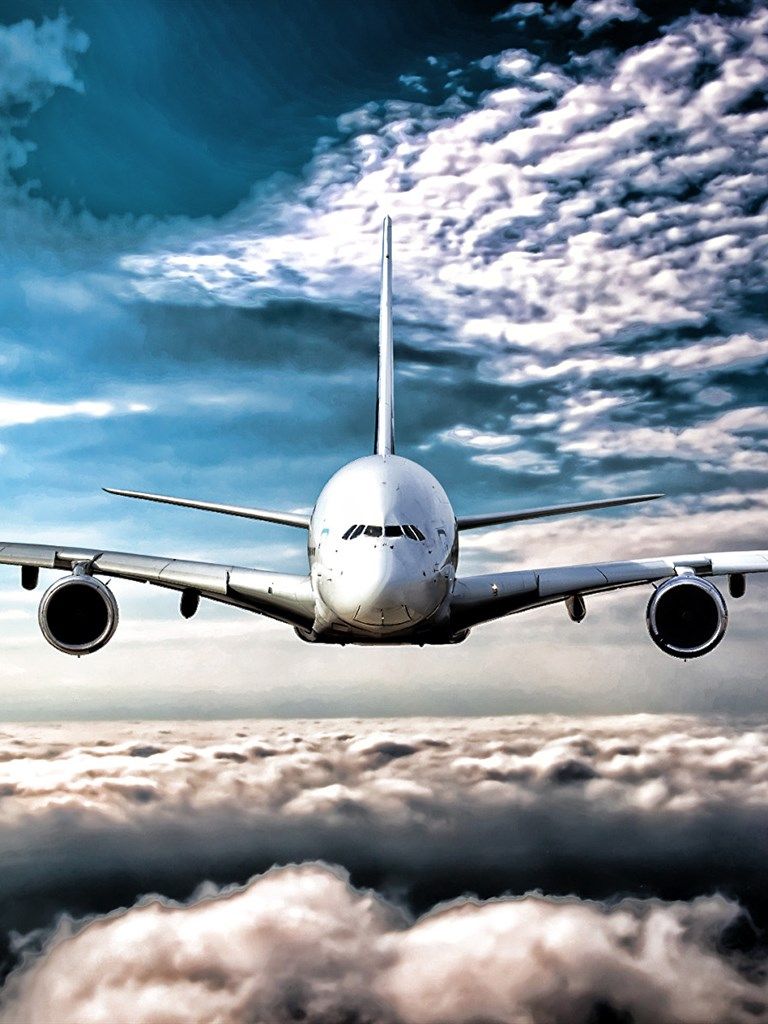 Flying A380, blue sky, clouds, Airbus A380, airliner, passenger planes, Airbus, A380, HDR. Passenger planes, Airbus, Airbus a380