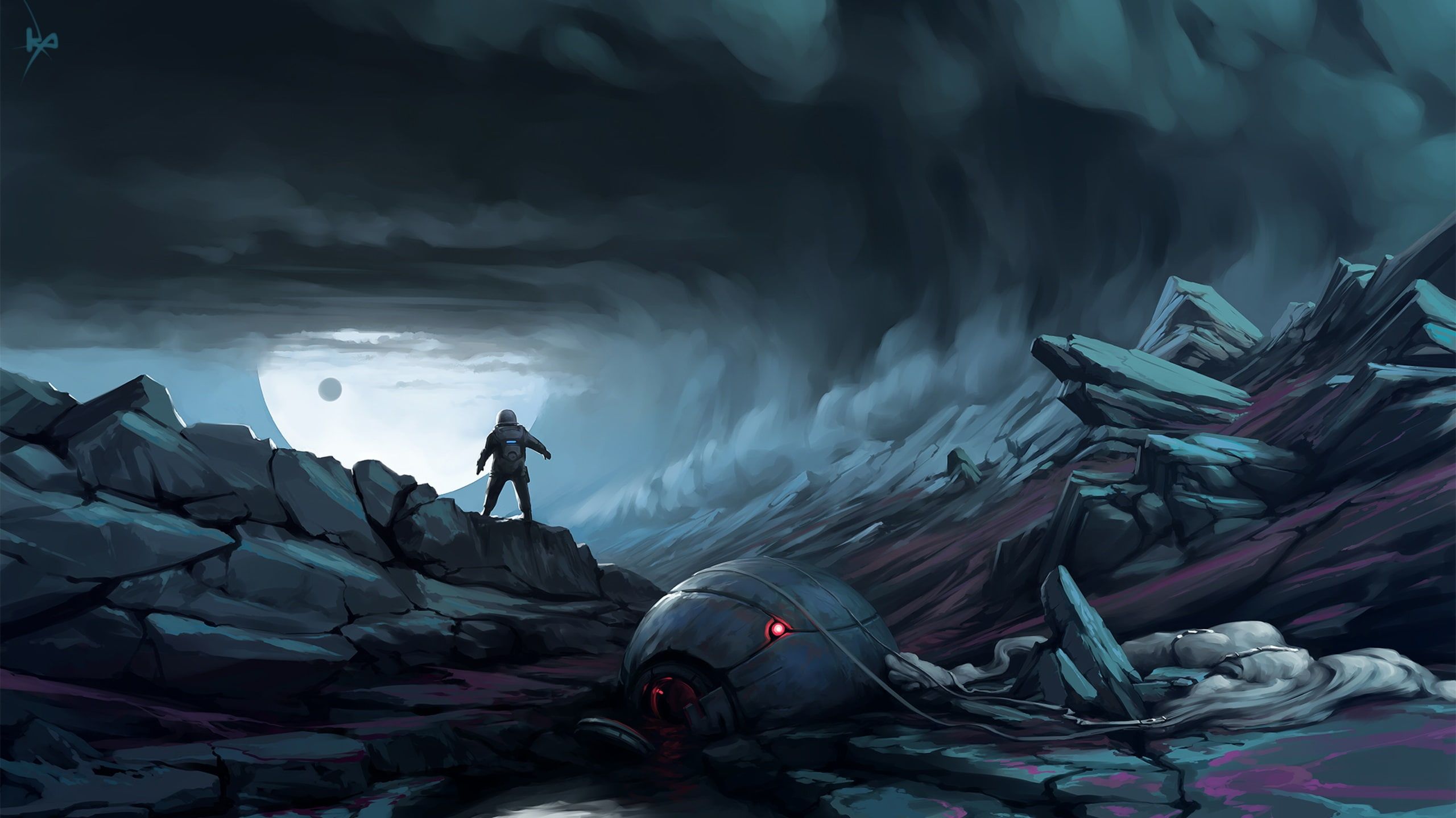 digital art #astronaut #planet #space science fiction #dark #futuristic K #wallpaper #hdwallpaper #desktop. Planet painting, Science fiction, Fantasy art