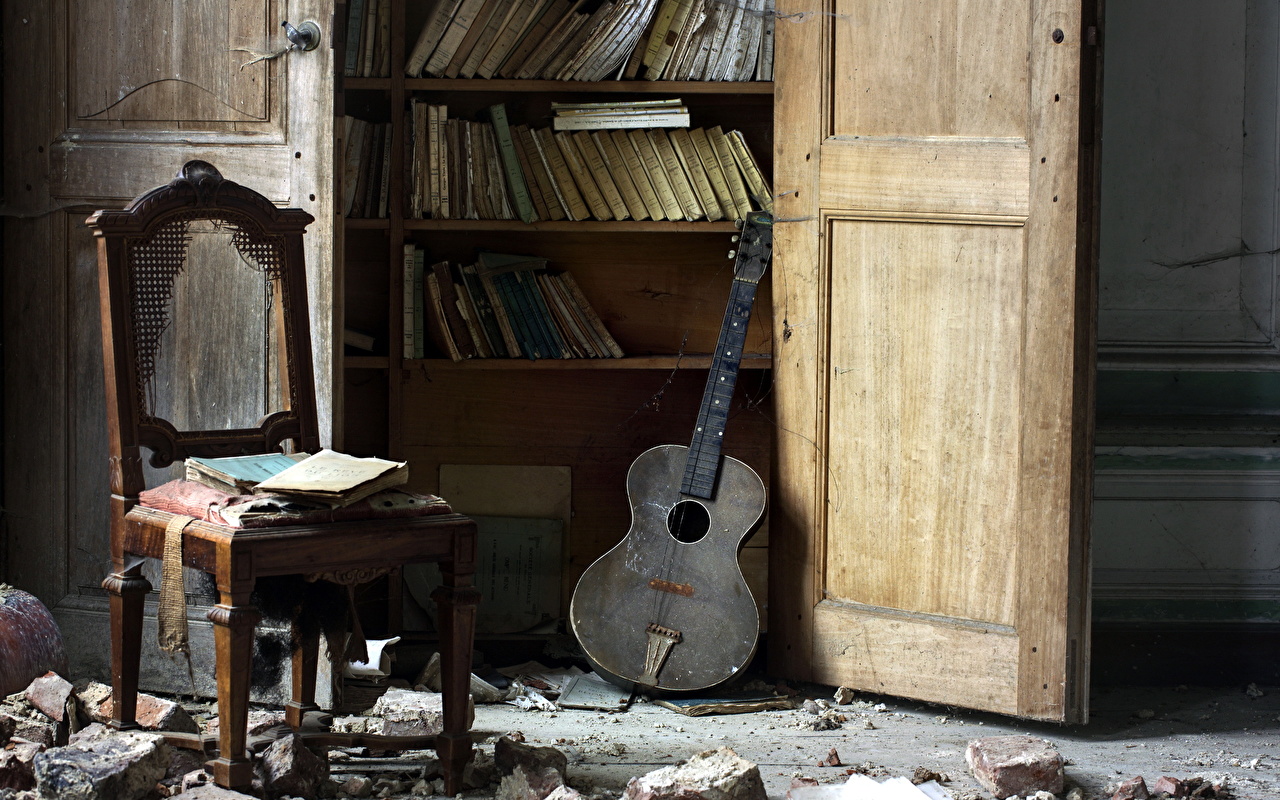 Wallpaper Guitar Old Chair