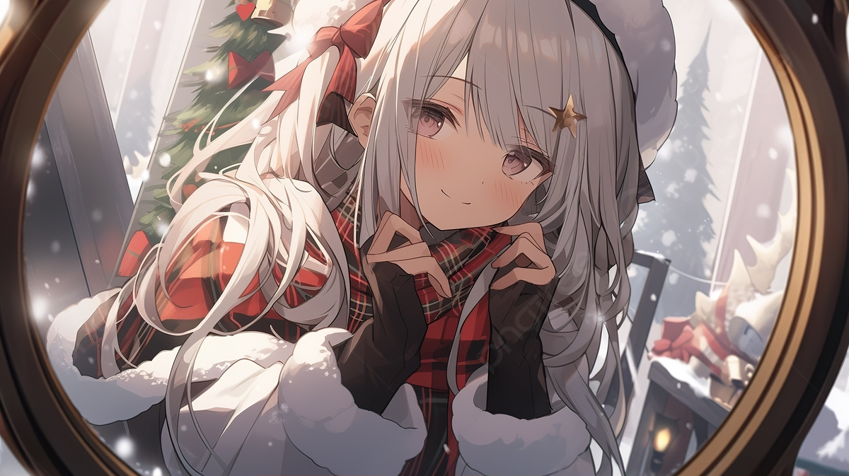 The Anime Girl Is Looking Out Over The Christmas Tree Background, Picture With Santa Frame Backgrounds Image And Wallpapers for Free Download
