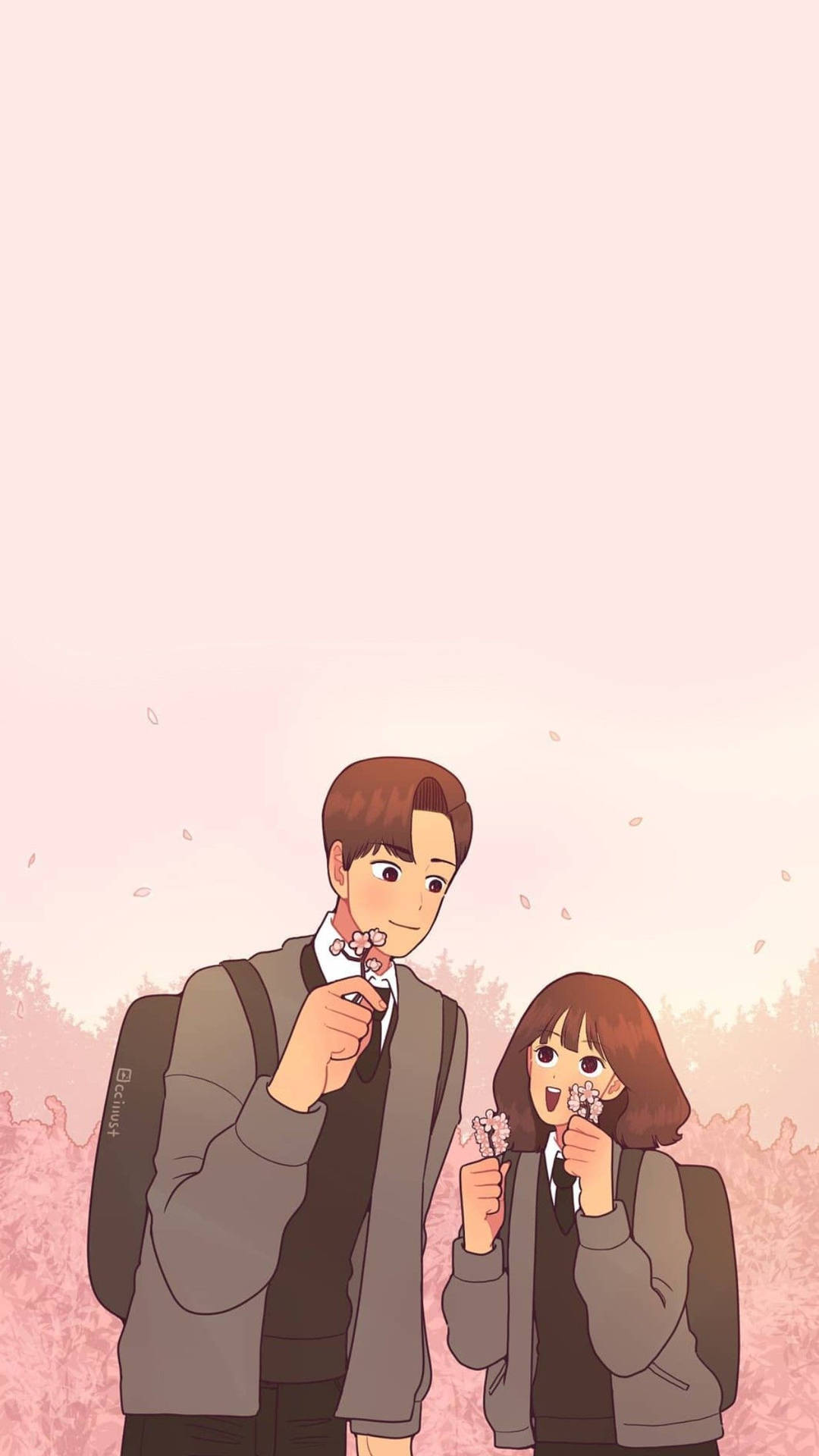 Download Cute Cartoon Couple Holding Cherry Blossoms Wallpaper