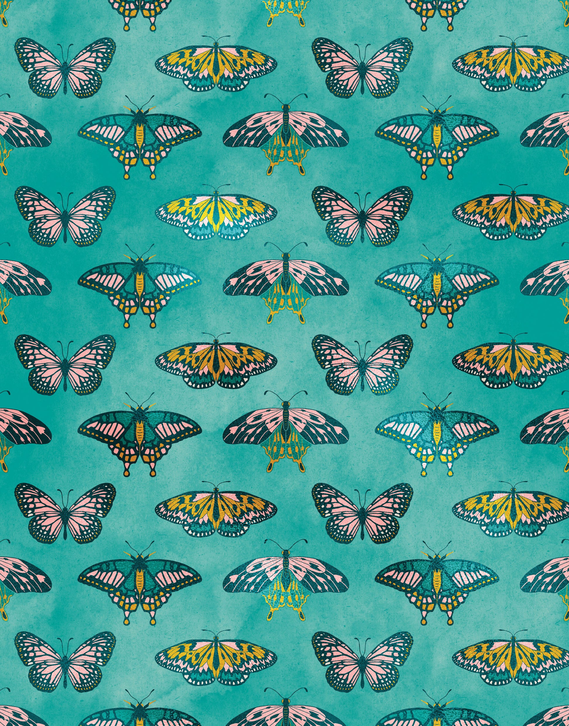 Butterfly Pattern on Green Background Wall Mural. Retro Green, Pink an