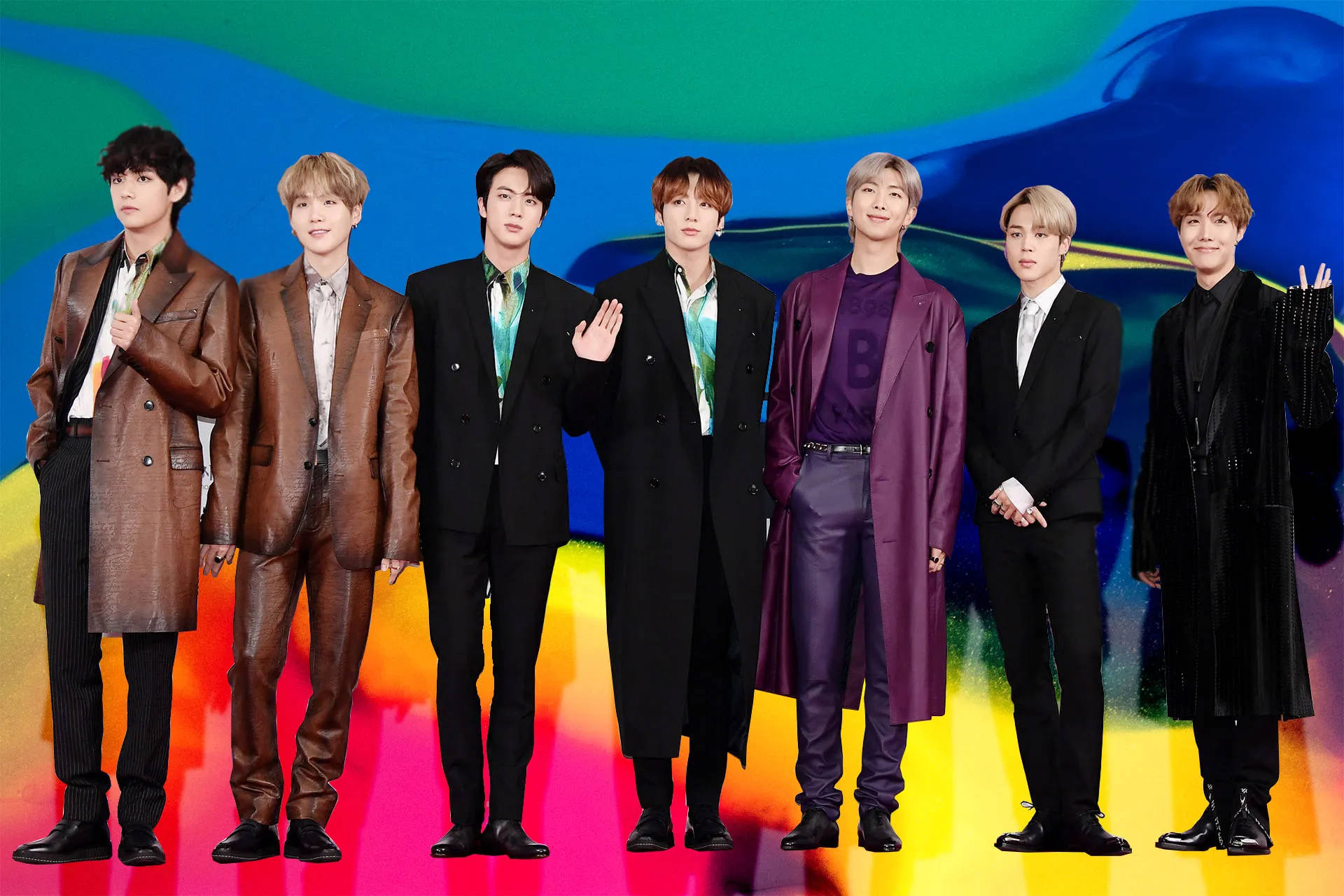 Download Cute Bts Group On Stage With Rainbow Backdrop Wallpaper
